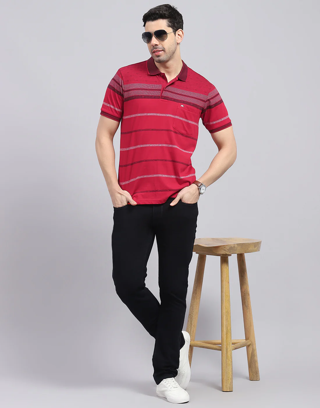 Men Red Stripe Polo Collar Half Sleeve T-Shirt - Image 2