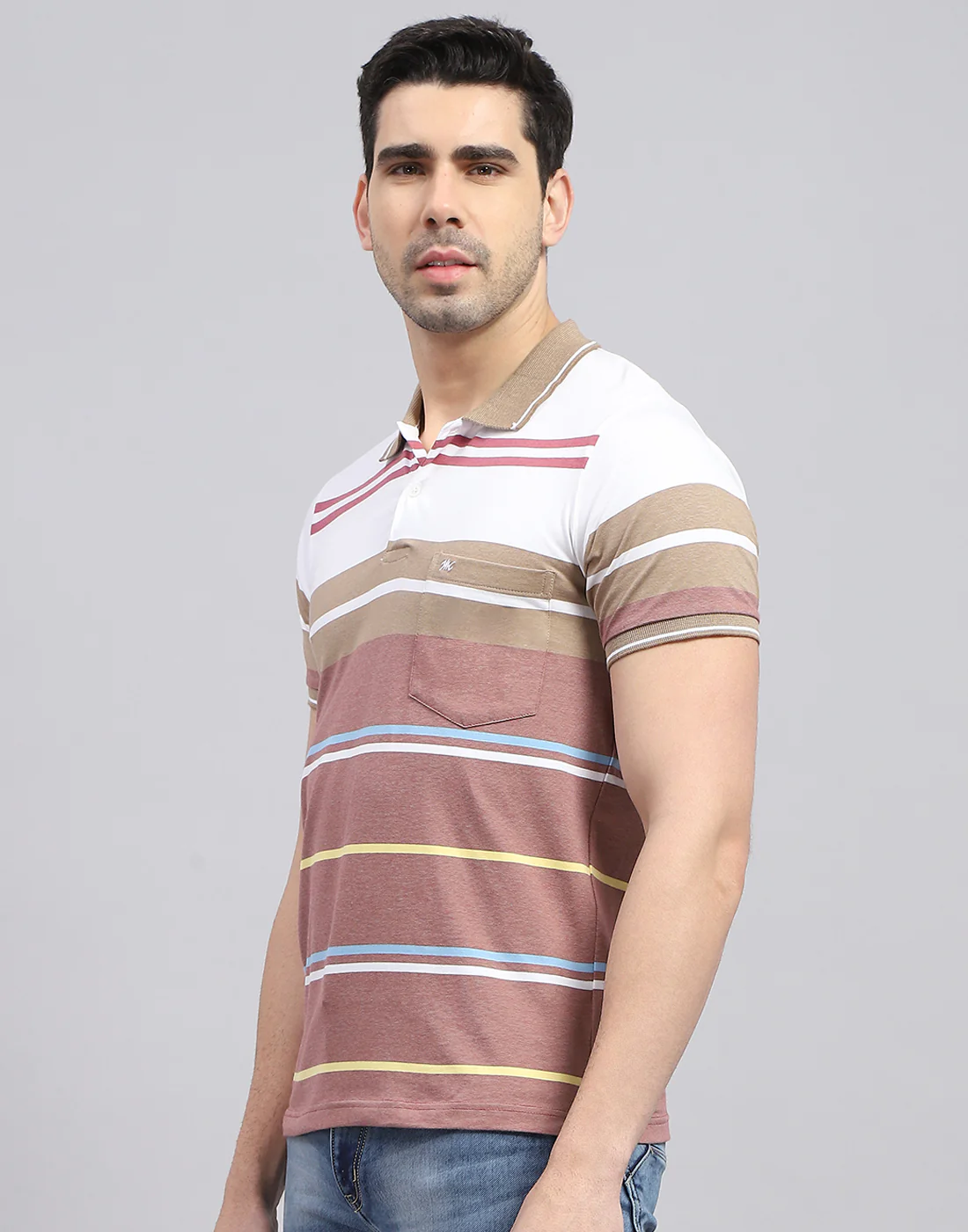 Men Red Stripe Polo Collar Half Sleeve T-Shirt - Image 3