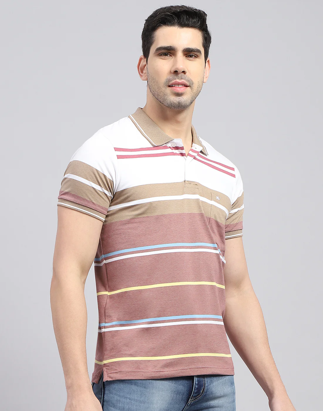 Men Red Stripe Polo Collar Half Sleeve T-Shirt - Image 4