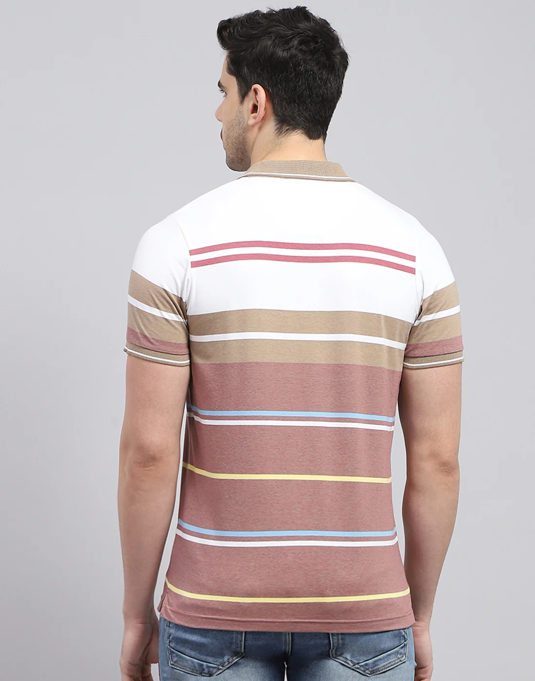 Men Red Stripe Polo Collar Half Sleeve T-Shirt - Image 5
