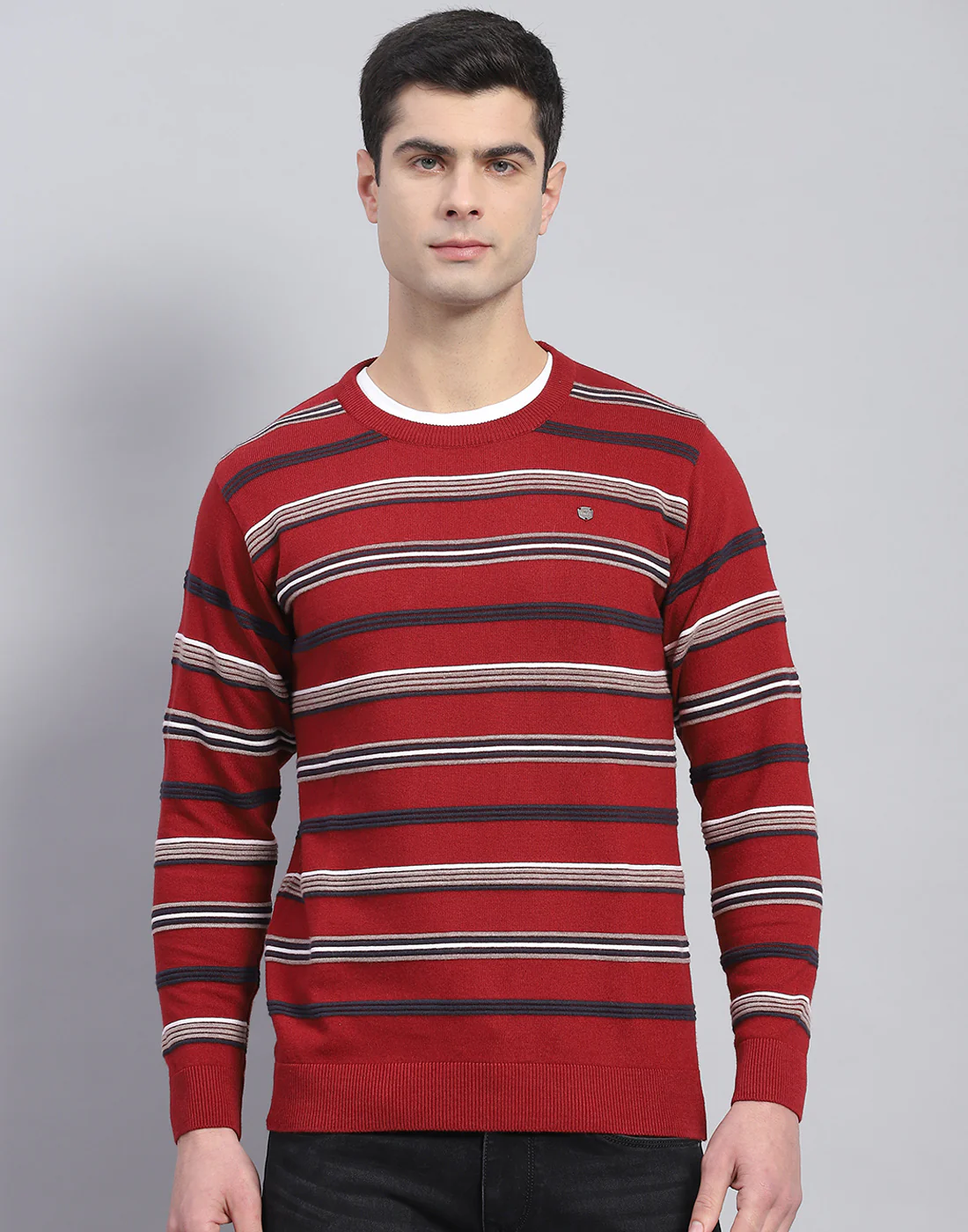 Men Red Stripe Round Neck Full Sleeve Pullover - Image 3
