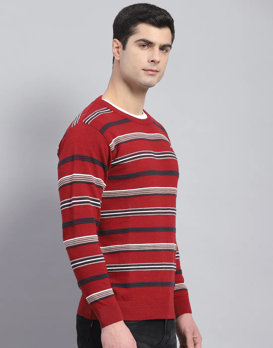 Men Red Stripe Round Neck Full Sleeve Pullover - Image 5