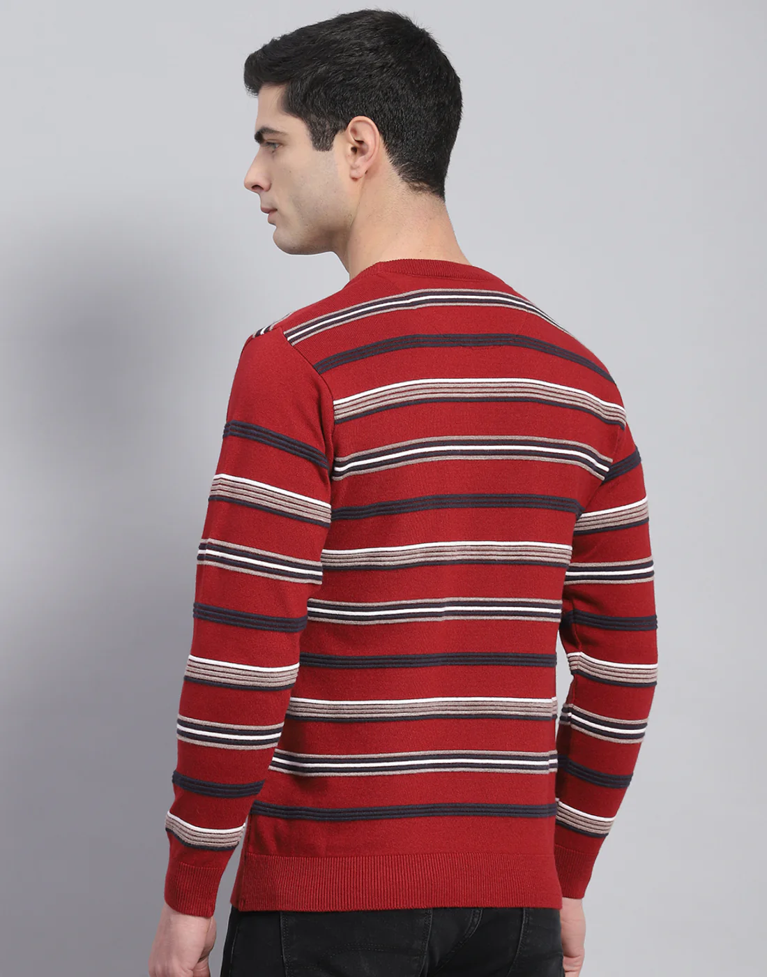 Men Red Stripe Round Neck Full Sleeve Pullover - Image 6