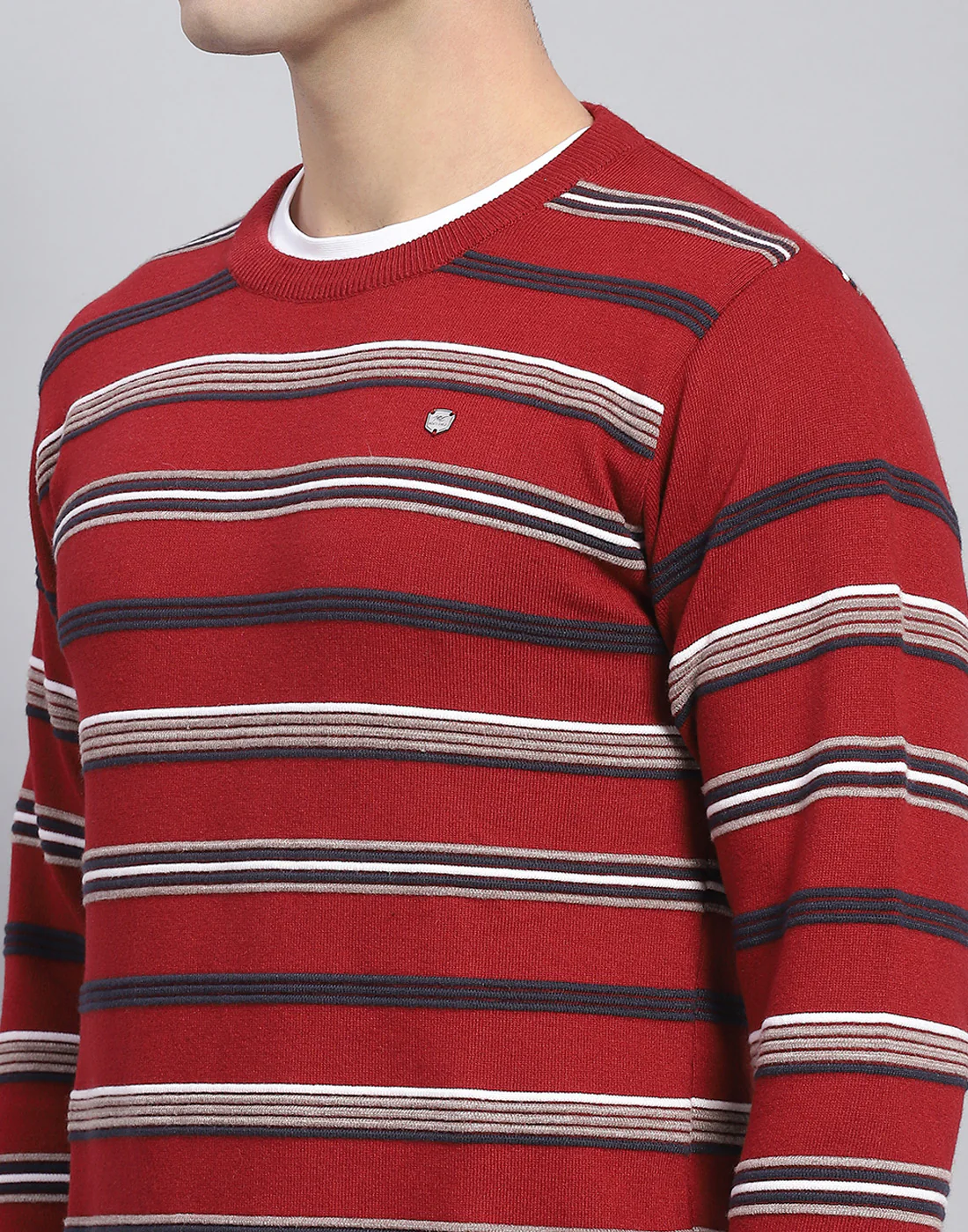 Men Red Stripe Round Neck Full Sleeve Pullover - Image 7