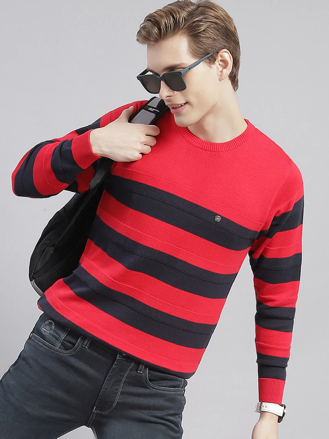 Men Red Stripe Round Neck Full Sleeve Sweaters/Pullovers - Image 2