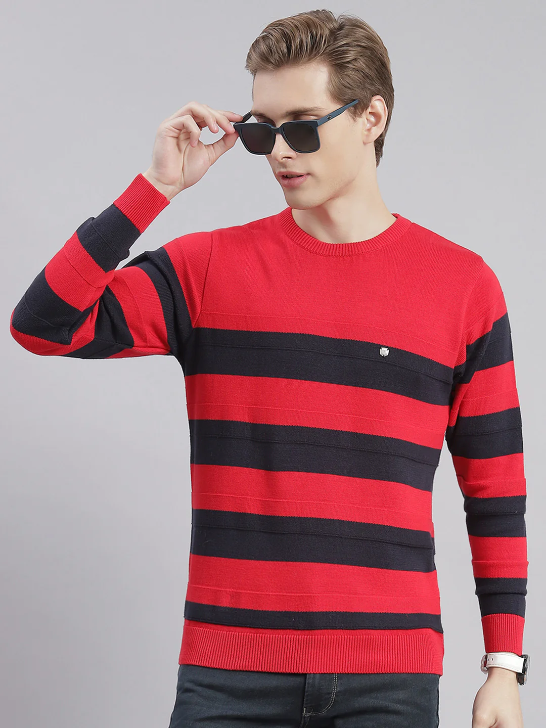 Men Red Stripe Round Neck Full Sleeve Sweaters/Pullovers - Image 4