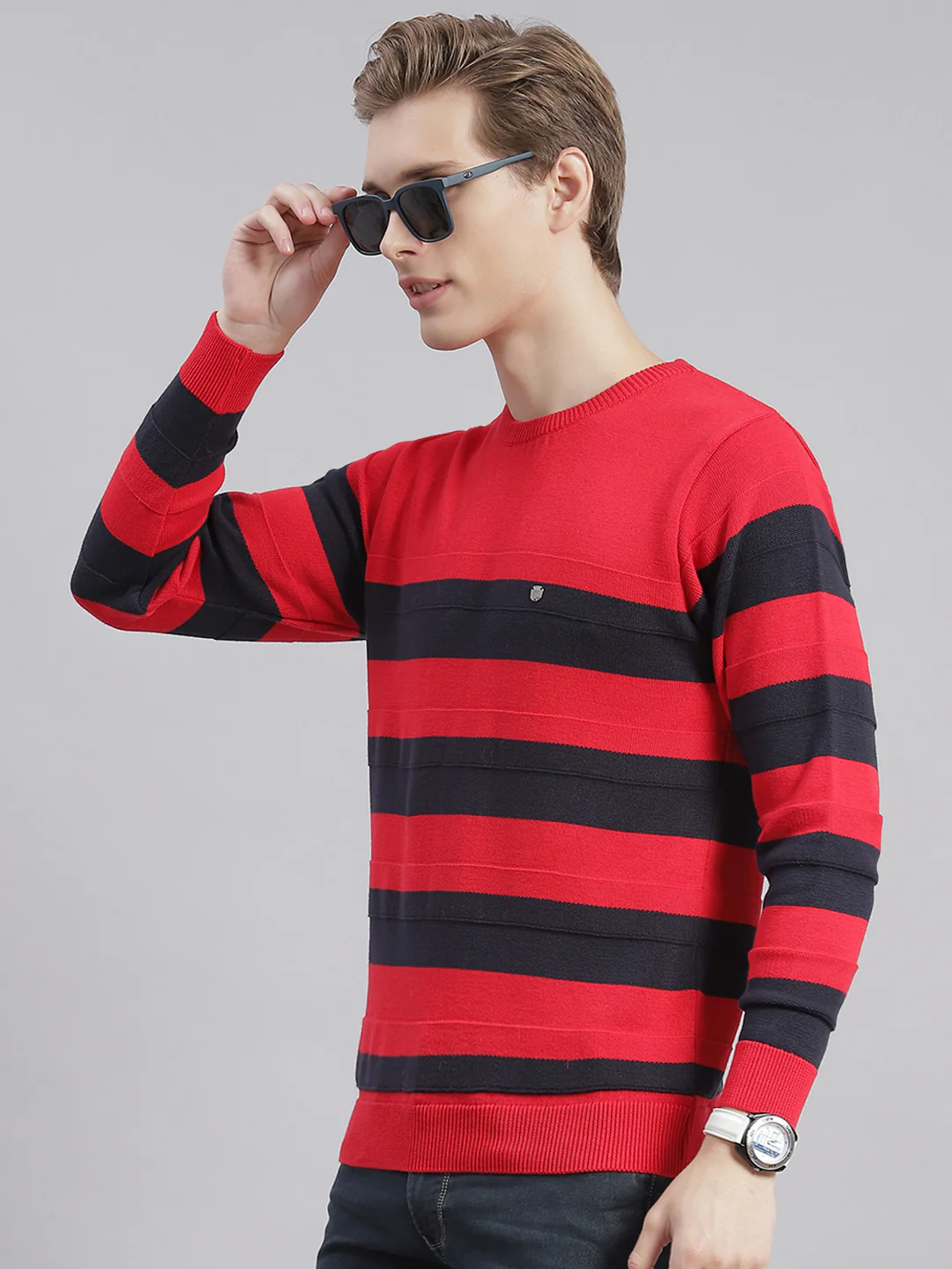 Men Red Stripe Round Neck Full Sleeve Sweaters/Pullovers - Image 5