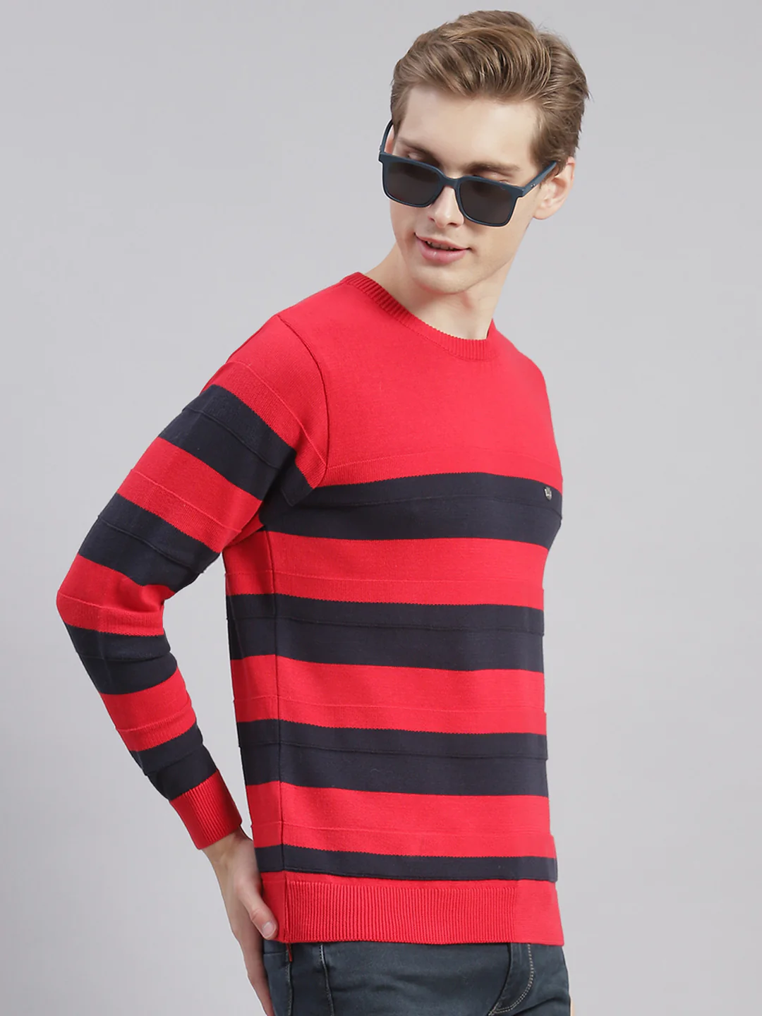 Men Red Stripe Round Neck Full Sleeve Sweaters/Pullovers - Image 6