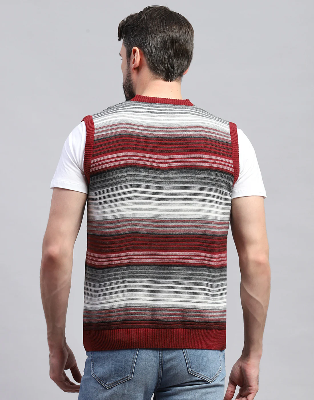 Men Red Stripe V Neck Sleeveless Sweater - Image 5