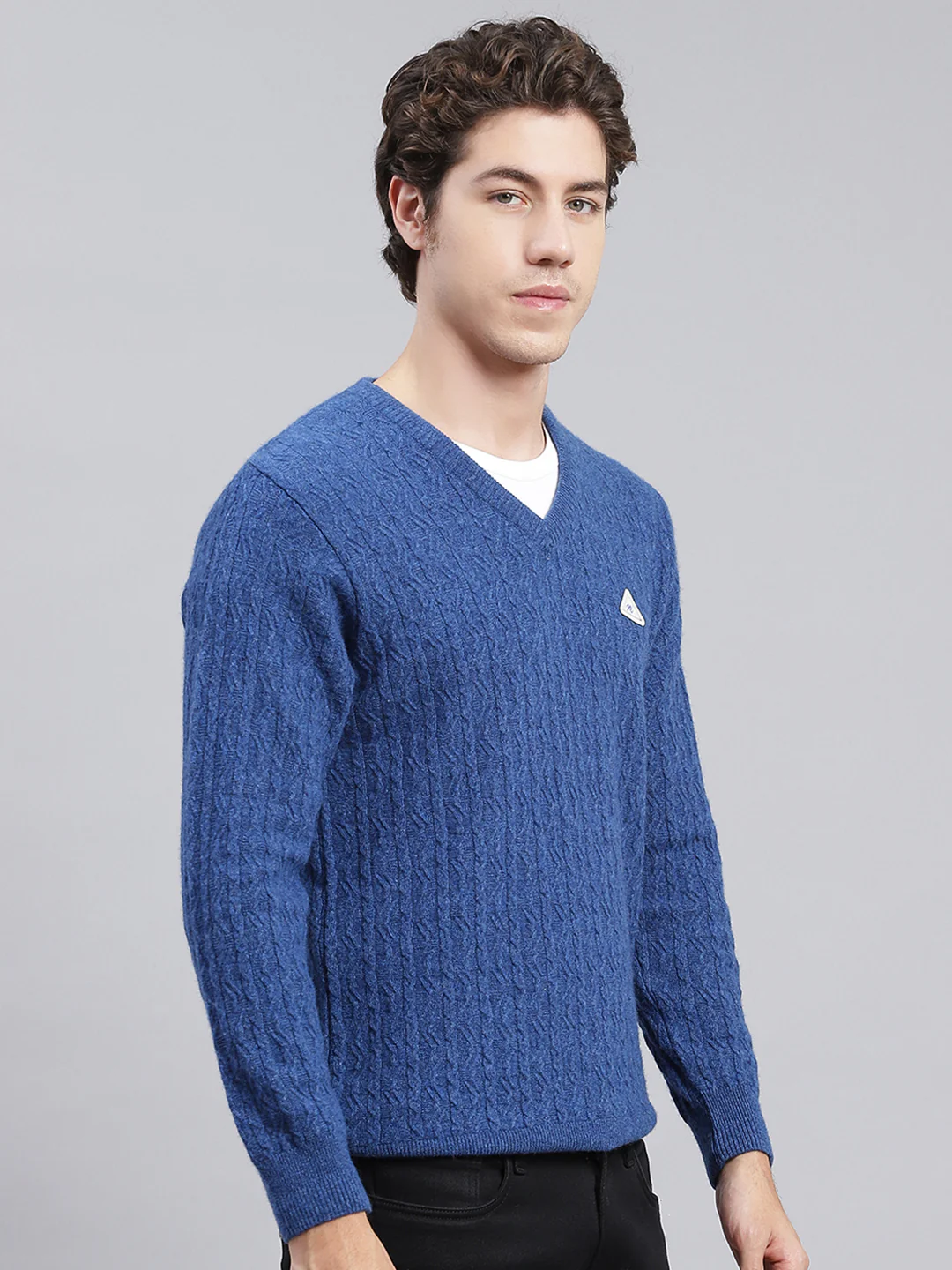 Men Royal Blue Self Design Lamb wool Pullover - Image 3