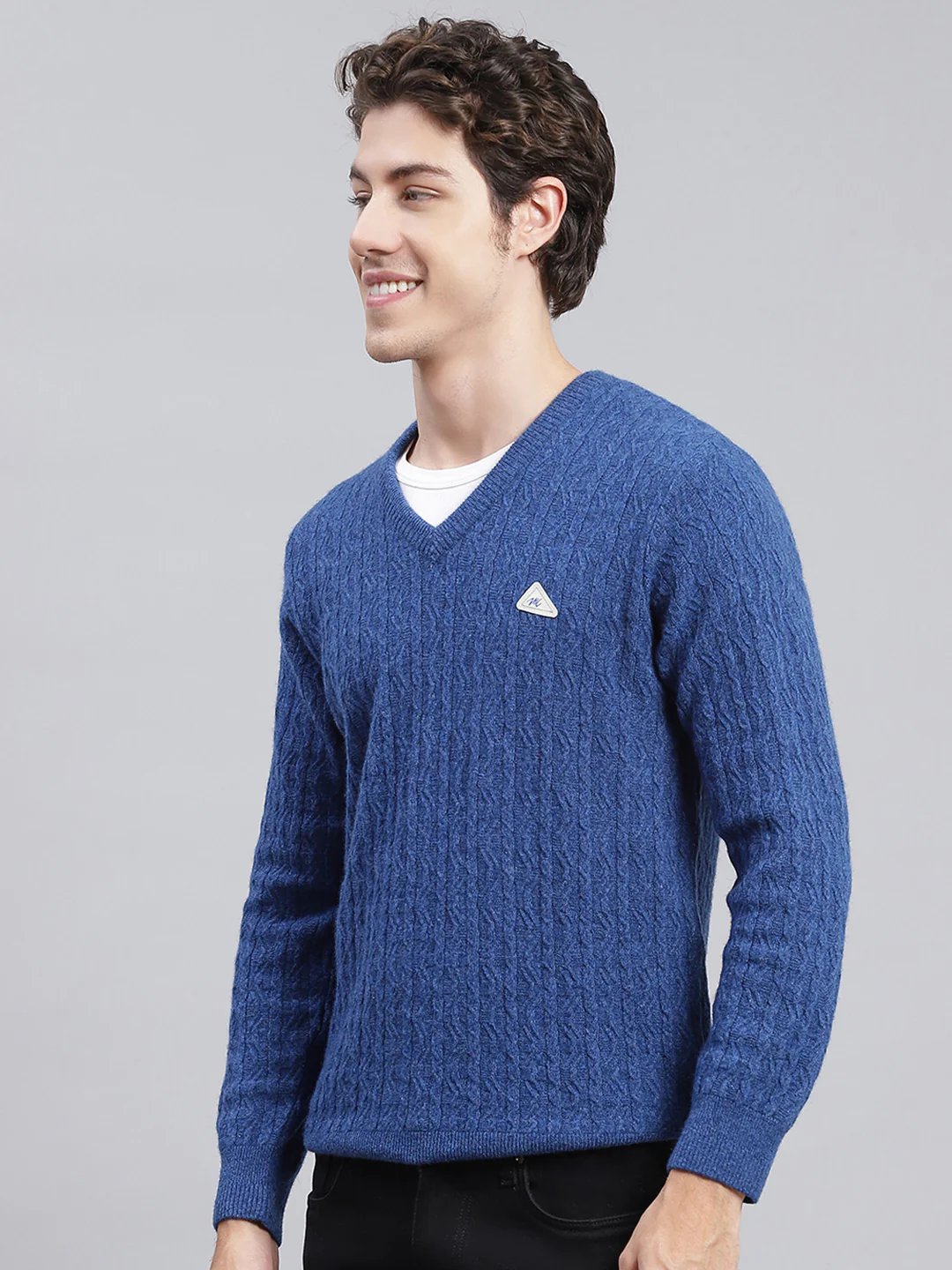 Men Royal Blue Self Design Lamb wool Pullover - Image 4