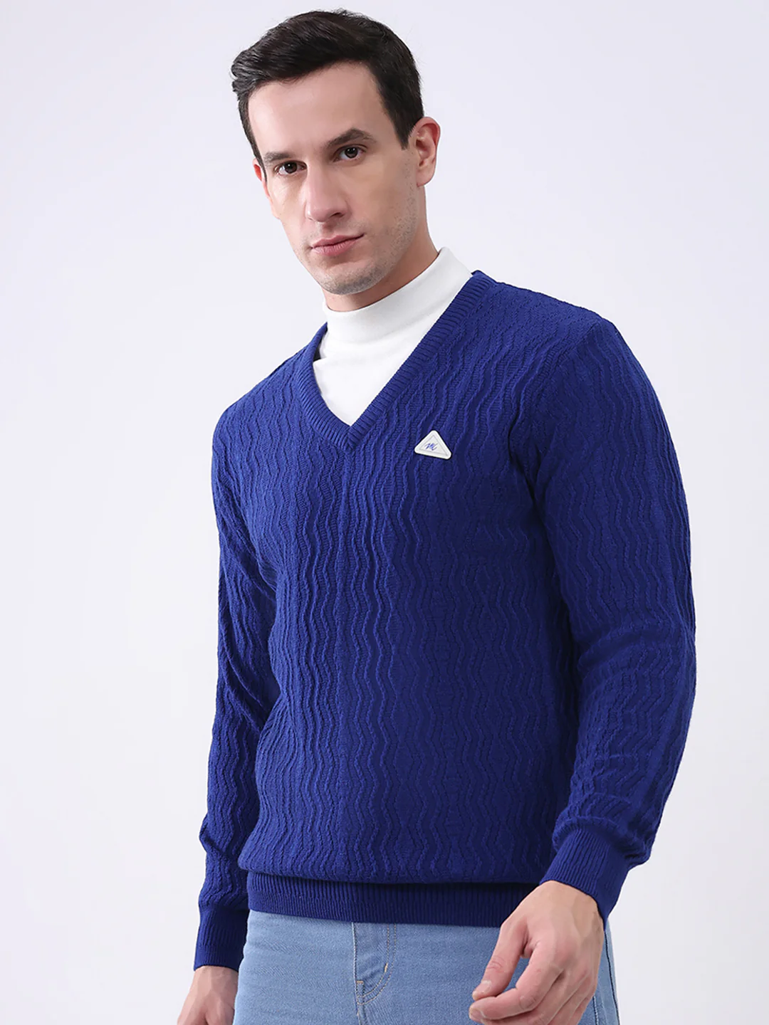 Men Royal Blue Self Design V Neck Full Sleeve Pullover - Image 3