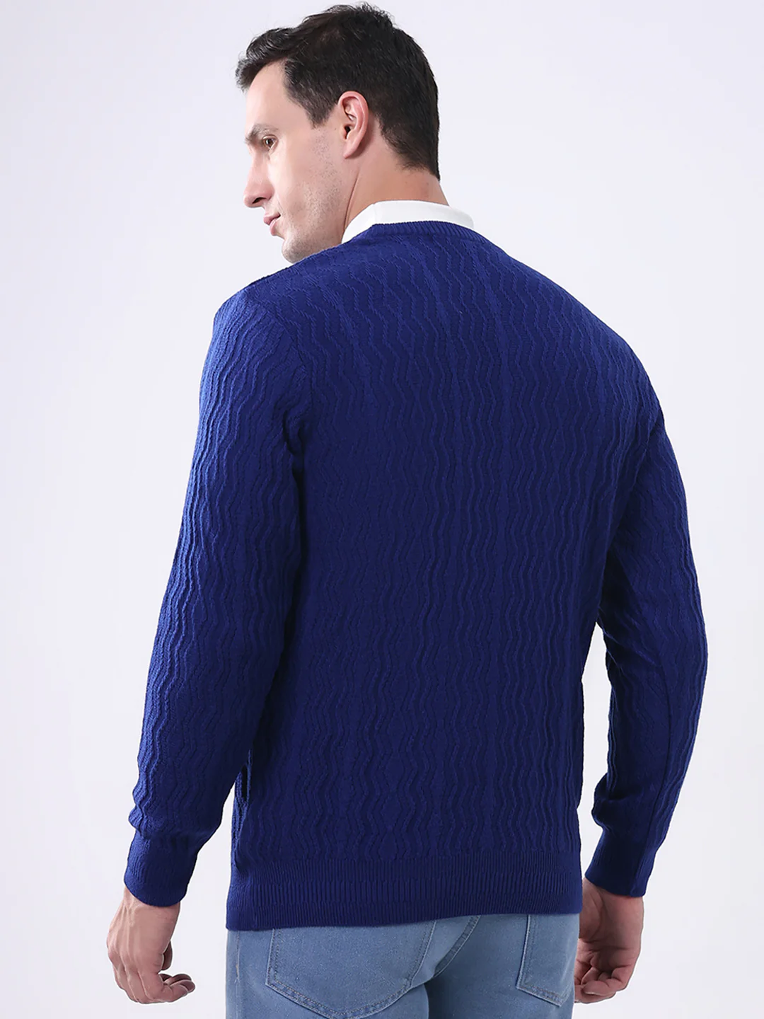 Men Royal Blue Self Design V Neck Full Sleeve Pullover - Image 5