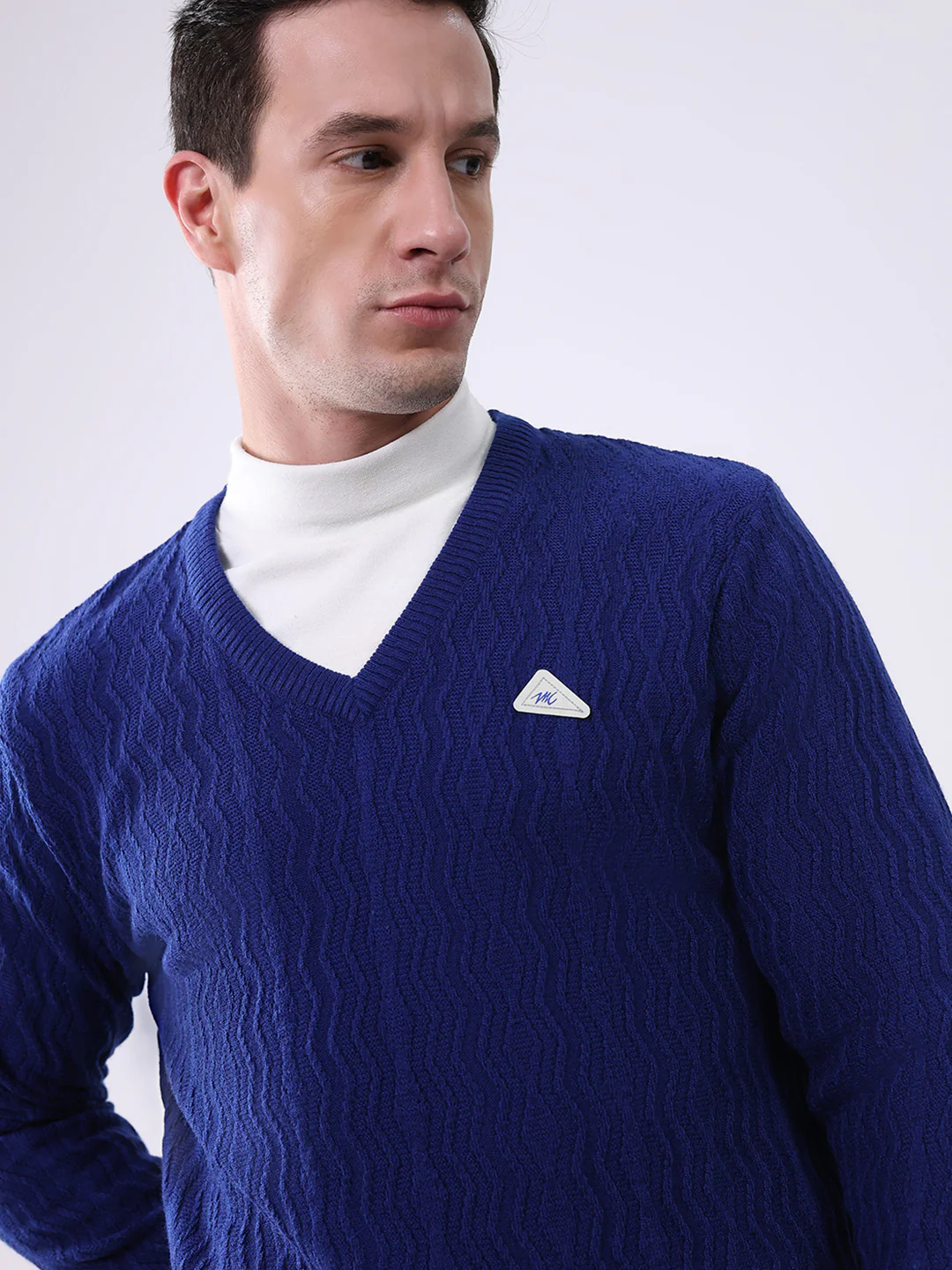 Men Royal Blue Self Design V Neck Full Sleeve Pullover - Image 7