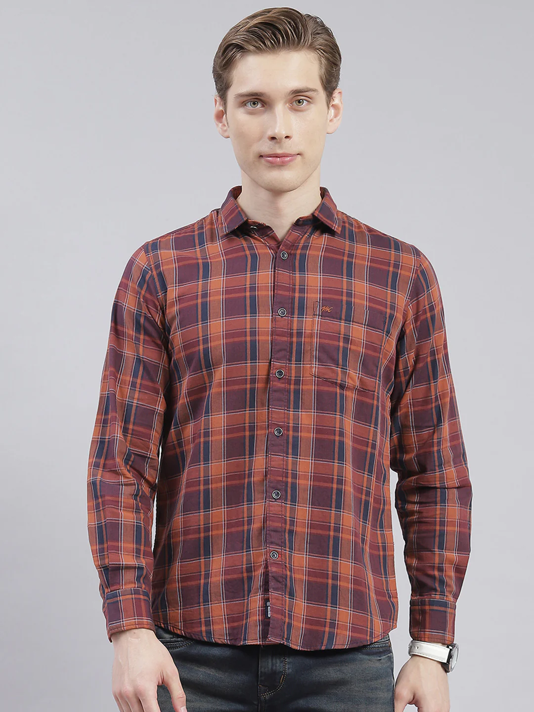 Men Rust Check Collar Full Sleeve Shirts - Image 3