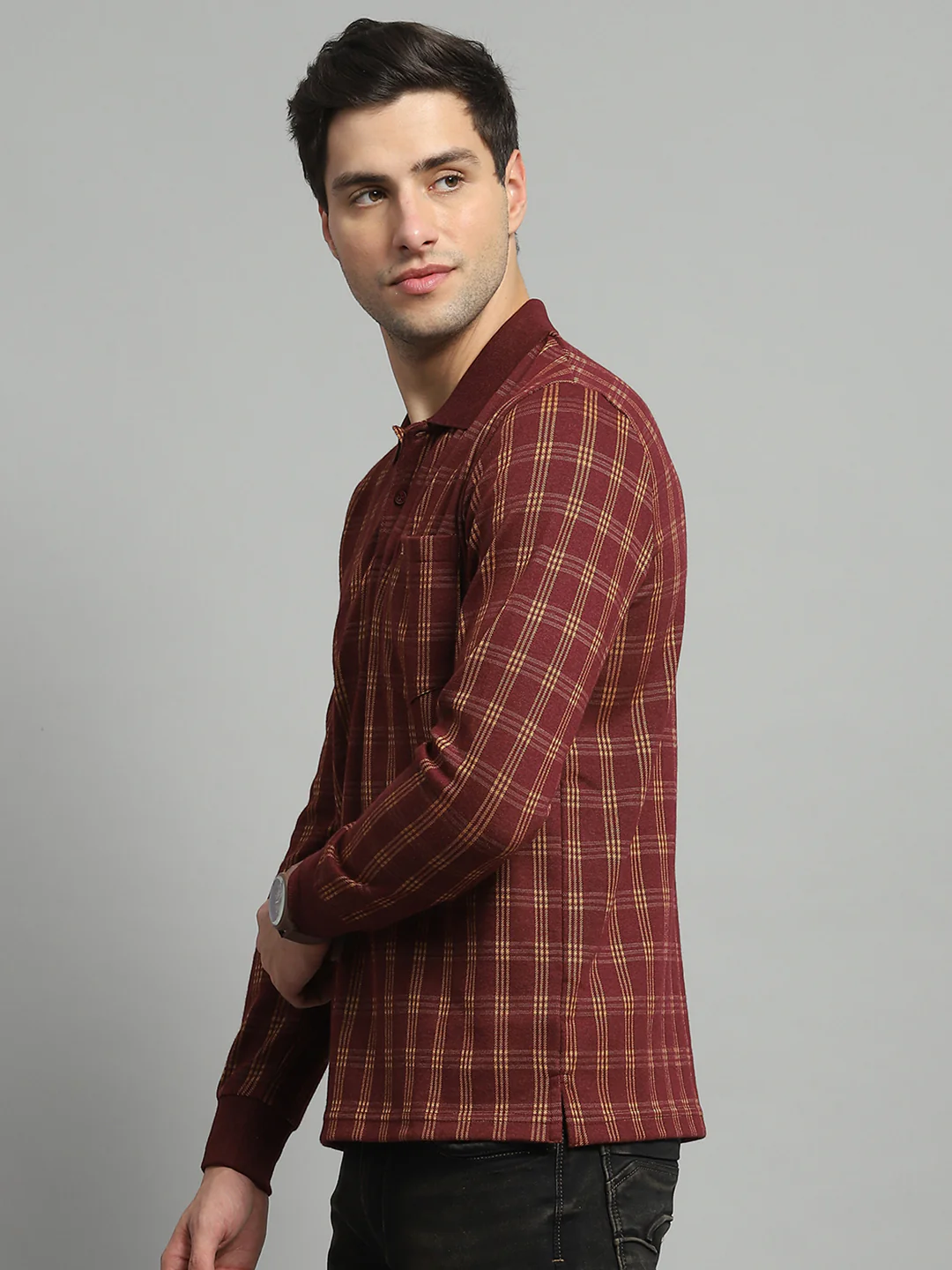Luxuria Men Rust Check Collar Full Sleeve Winter T-Shirt - Image 3
