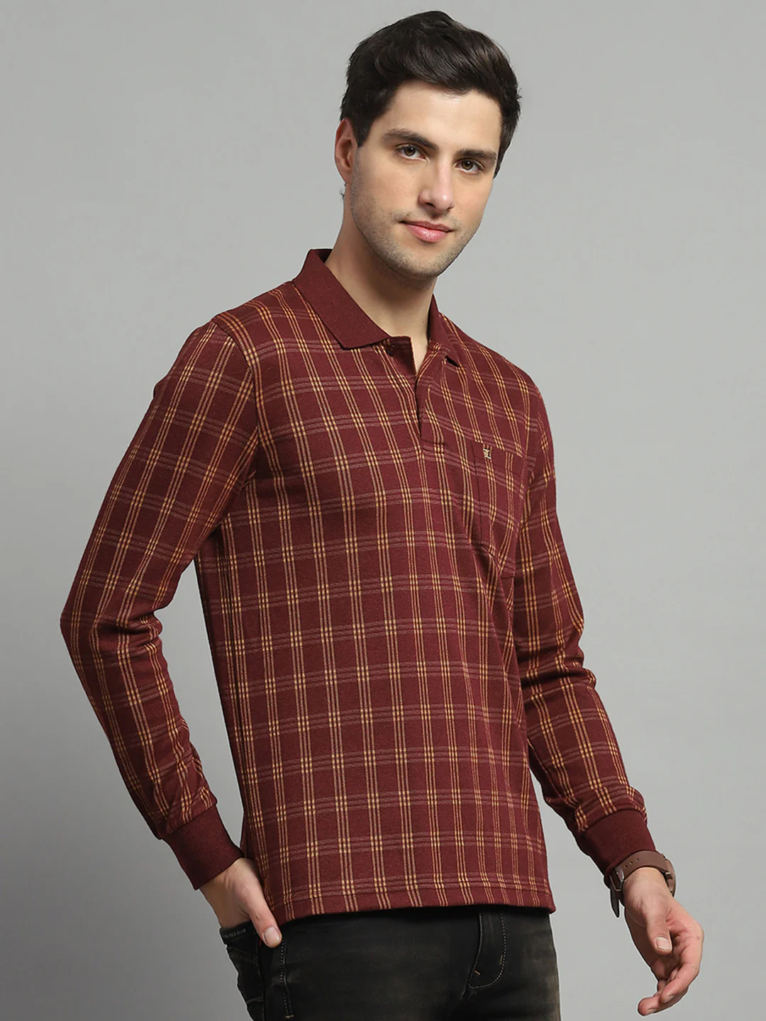 Luxuria Men Rust Check Collar Full Sleeve Winter T-Shirt - Image 4