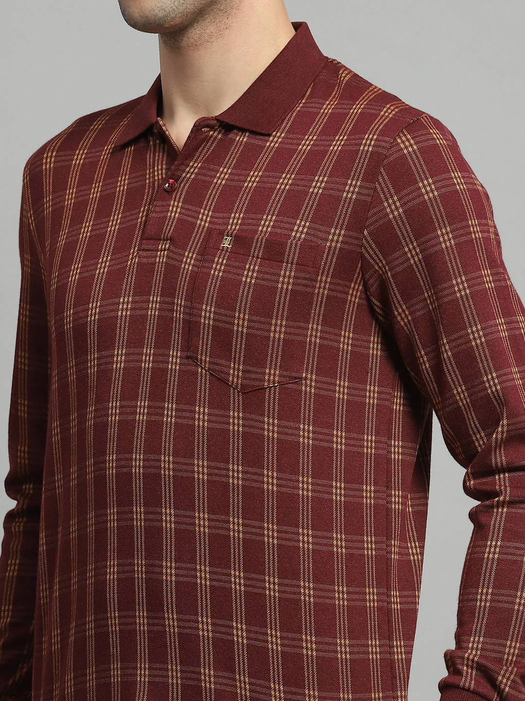 Luxuria Men Rust Check Collar Full Sleeve Winter T-Shirt - Image 6