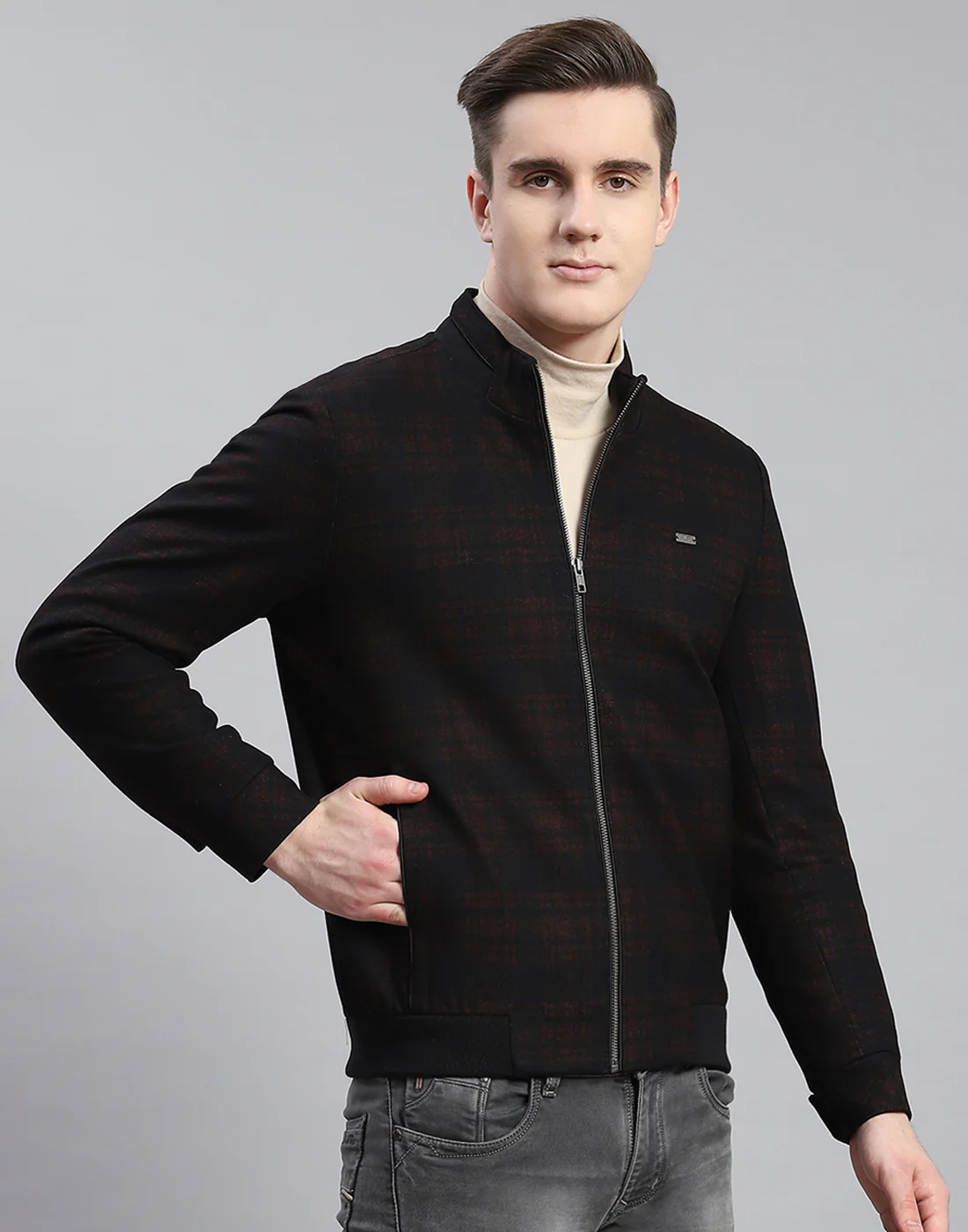 Men Rust Check Stand Collar Full Sleeve Coat - Image 4