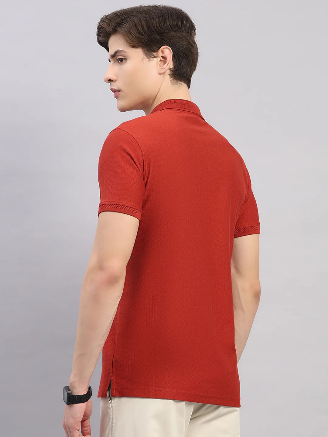 Men Rust Geometric Stand Collar Half Sleeve T-Shirt - Image 5
