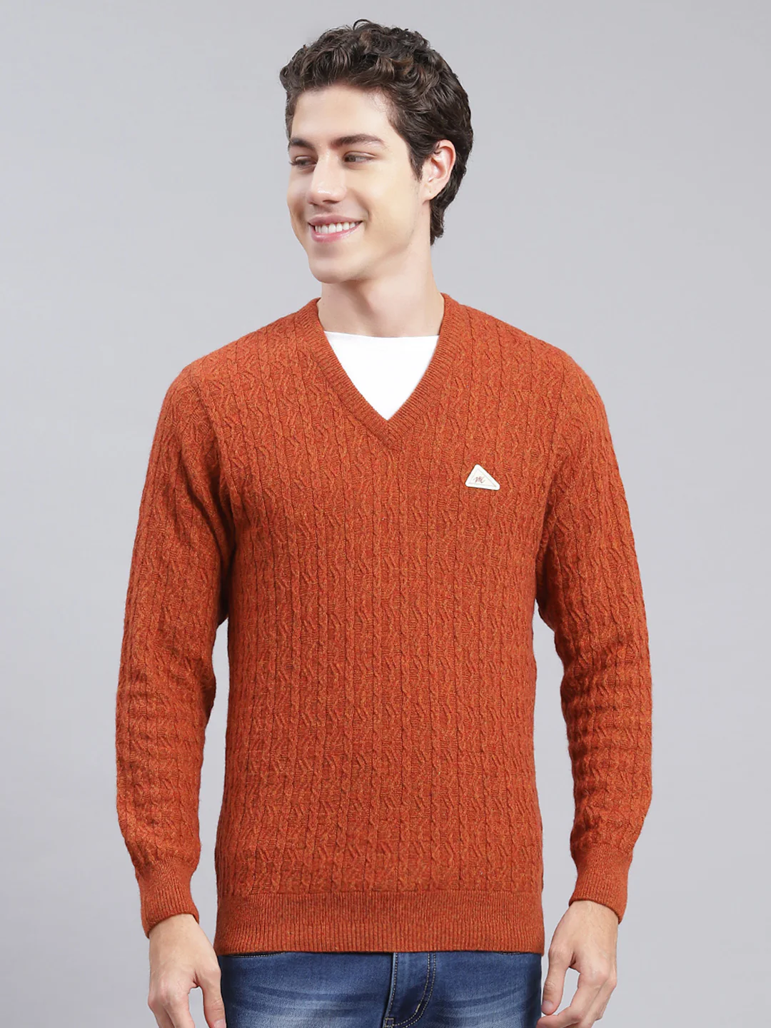Men Rust Orange Self Design Lamb wool Pullover - Image 2