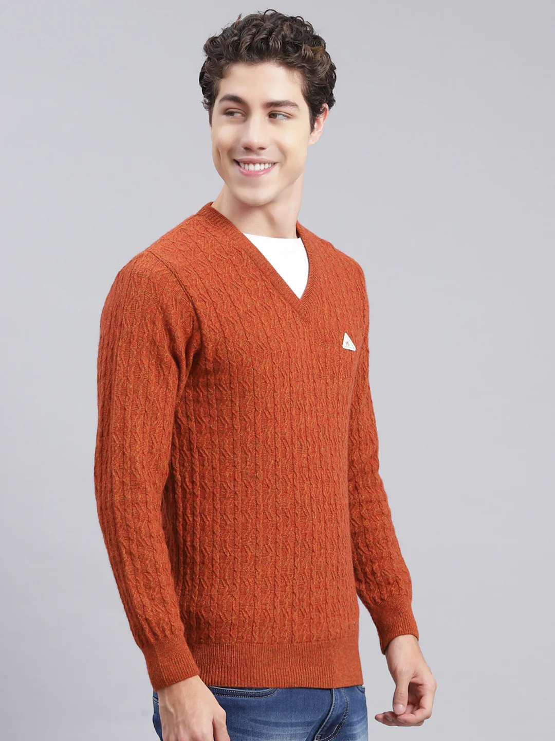 Men Rust Orange Self Design Lamb wool Pullover - Image 3