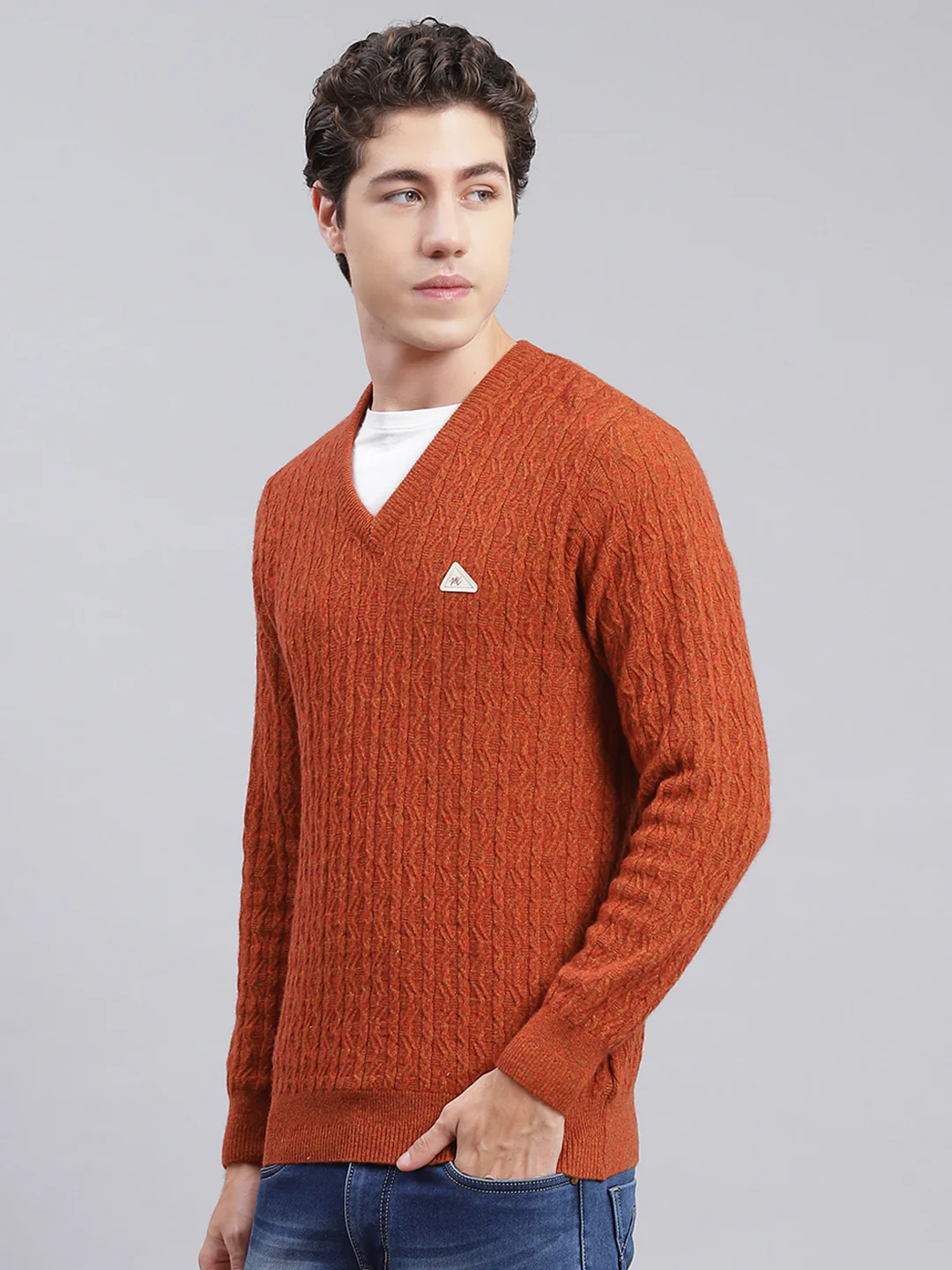 Men Rust Orange Self Design Lamb wool Pullover - Image 4