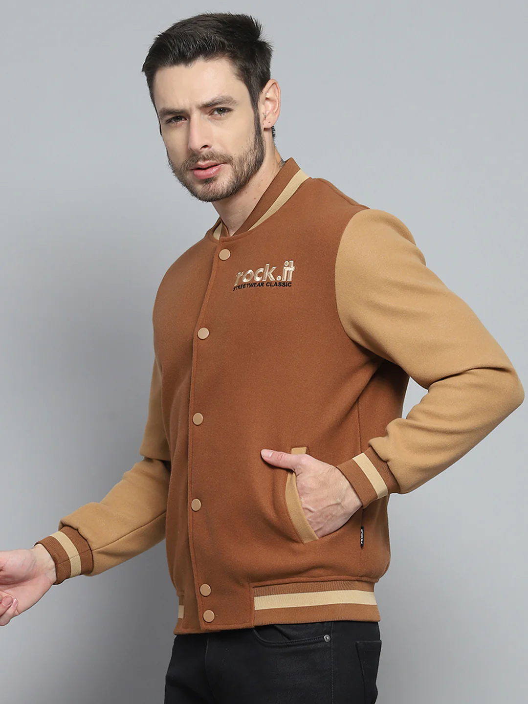 Rock.it Men Rust Printed Band Collar Full Sleeve Sweatshirt - Image 3
