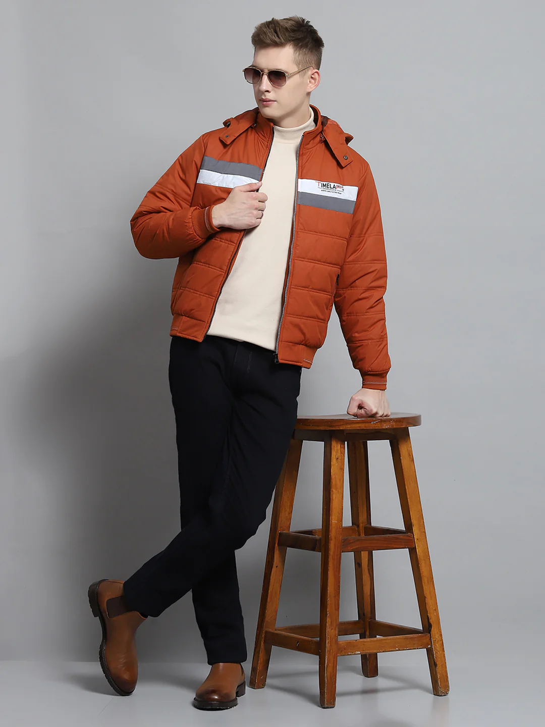 Men Rust Printed Detachable Hood Full Sleeve Jacket - Image 2