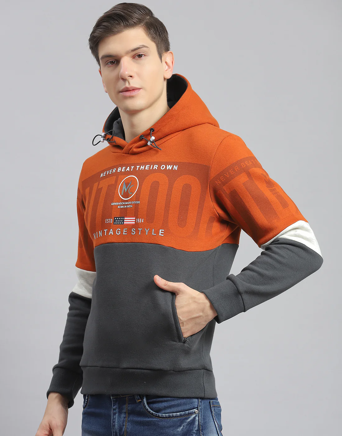 Men Rust Printed Hooded Full Sleeve Sweatshirt - Image 3