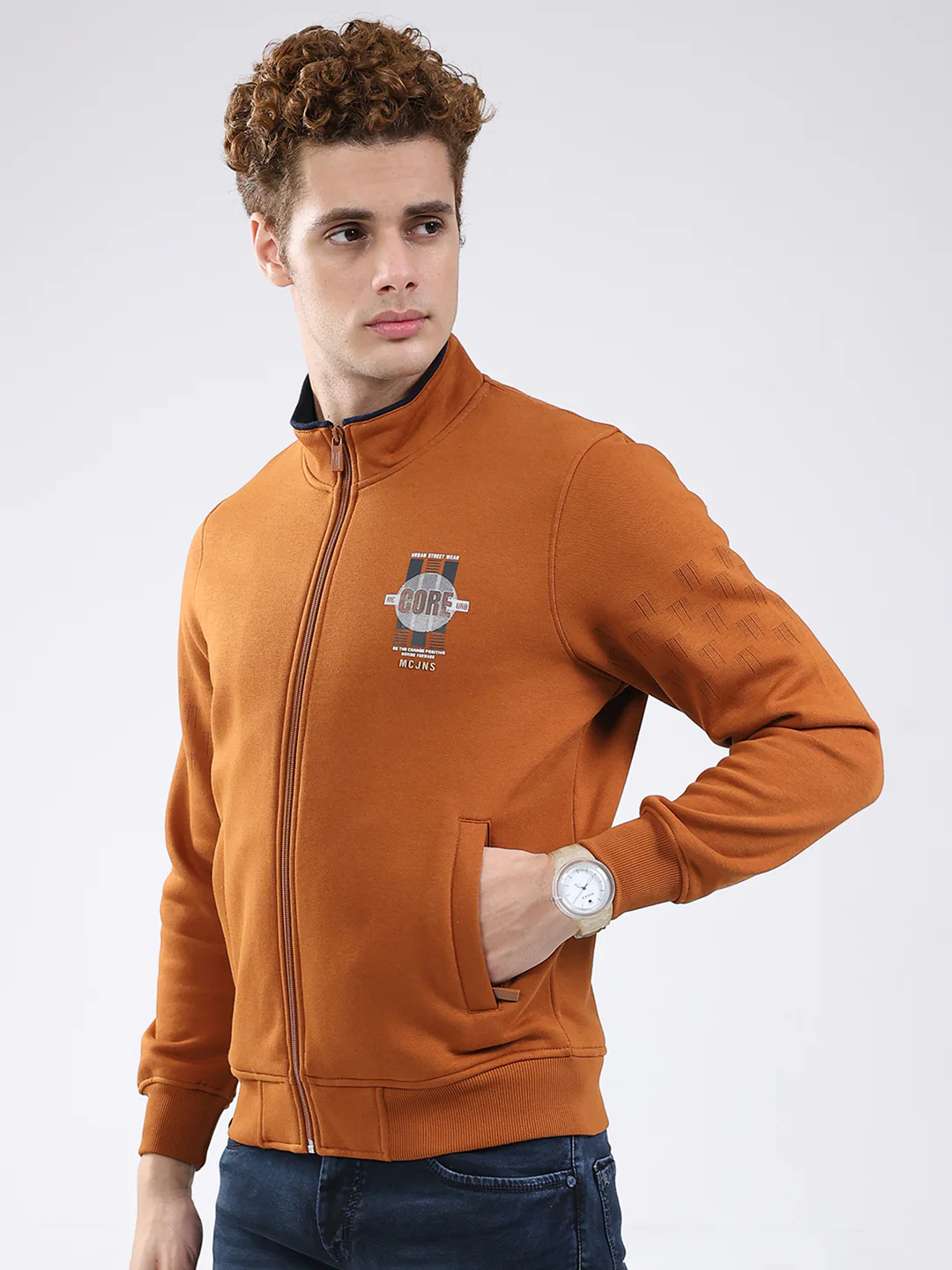 Men Rust Printed Mock Neck Full Sleeve Sweatshirt - Image 3