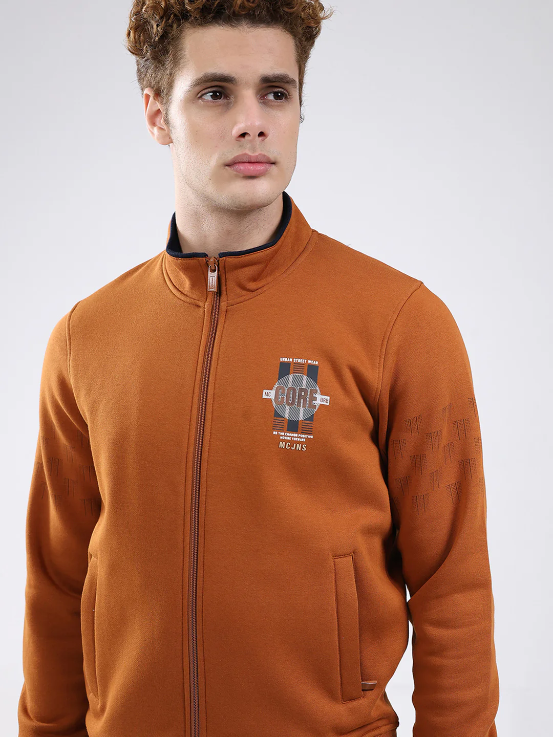 Men Rust Printed Mock Neck Full Sleeve Sweatshirt - Image 6