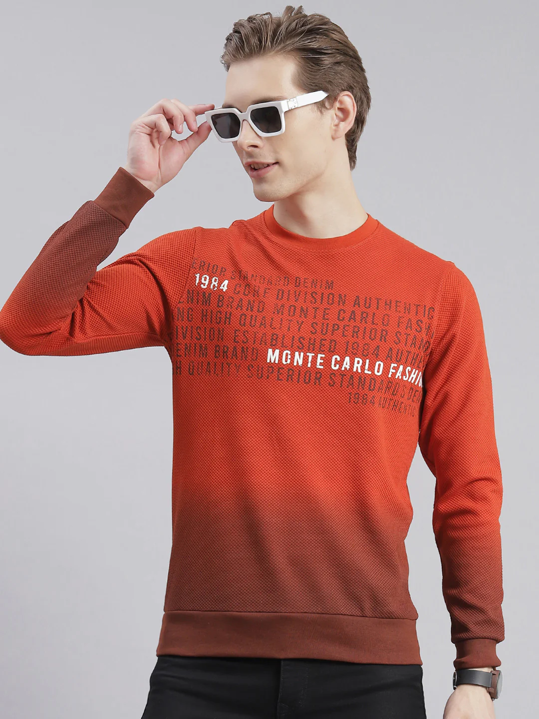 Men Rust Printed Round Neck Full Sleeve Sweatshirts - Image 2
