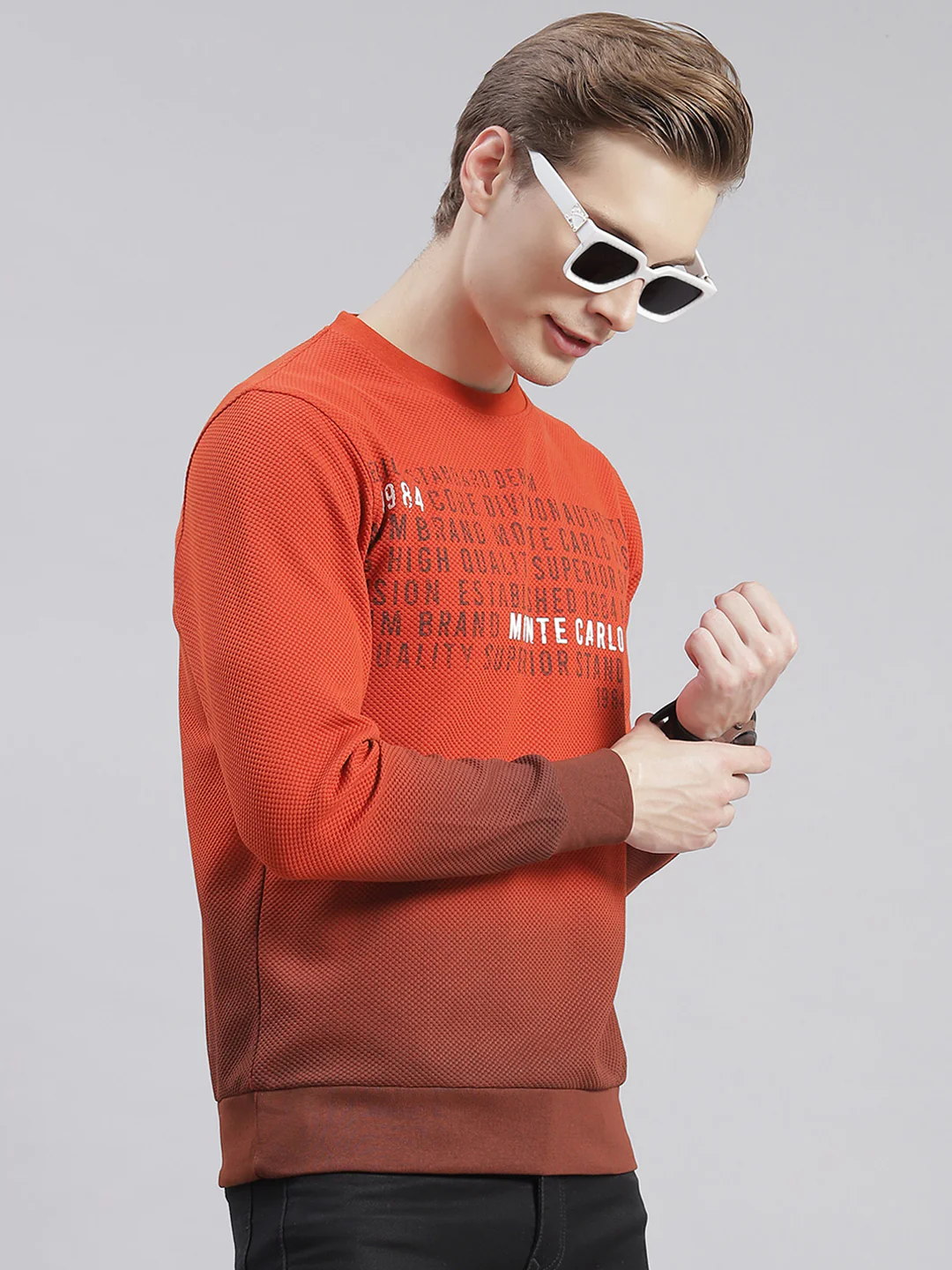 Men Rust Printed Round Neck Full Sleeve Sweatshirts - Image 4