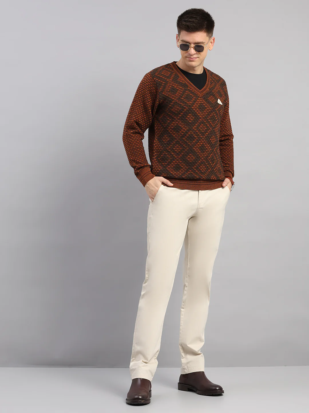 Men Rust Printed V Neck Full Sleeve Pullover - Image 2