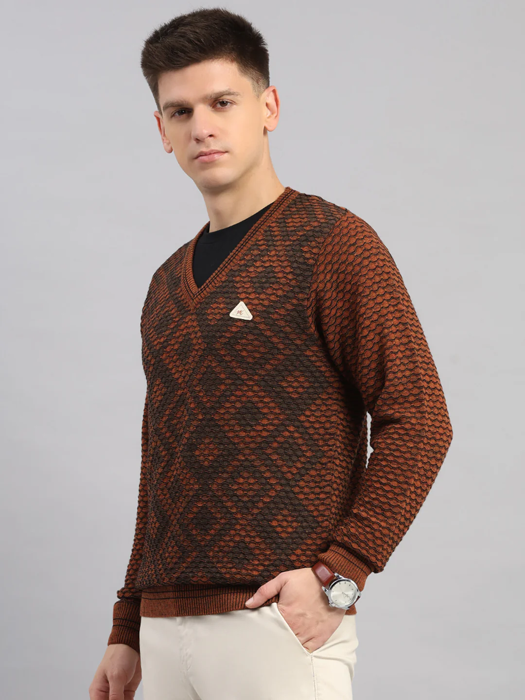 Men Rust Printed V Neck Full Sleeve Pullover - Image 3