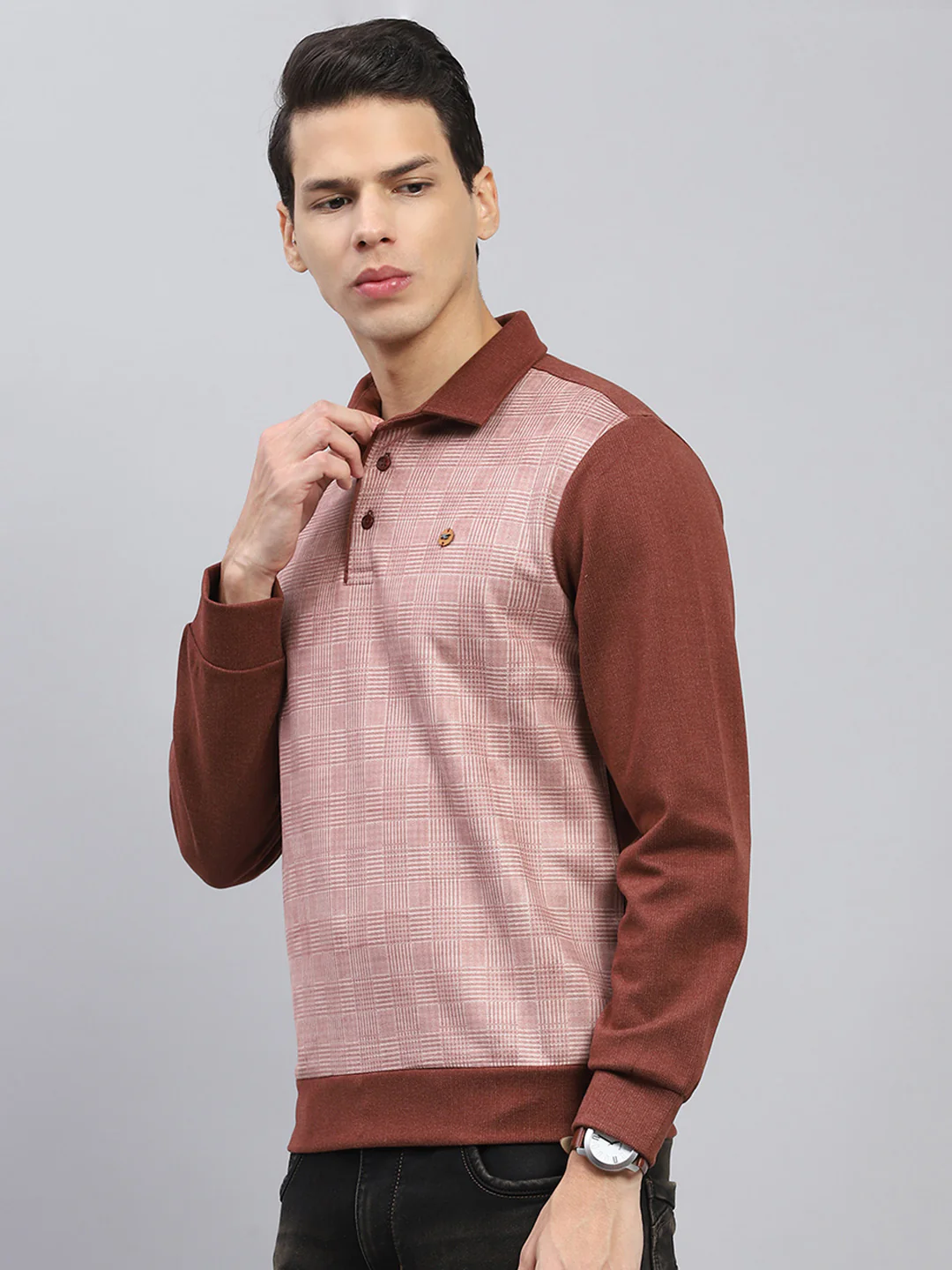 Men Rust Self Design Collar Full Sleeve Sweatshirt - Image 3