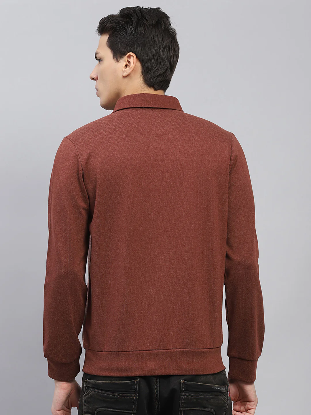 Men Rust Self Design Collar Full Sleeve Sweatshirt - Image 5