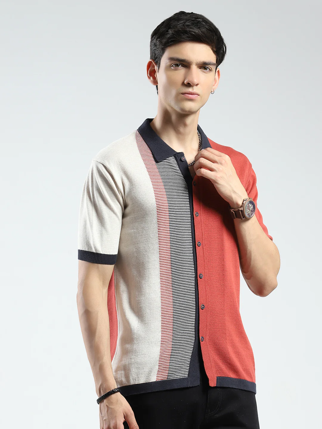 Men Rust Self Design Collar Half Sleeve T-Shirt - Image 4