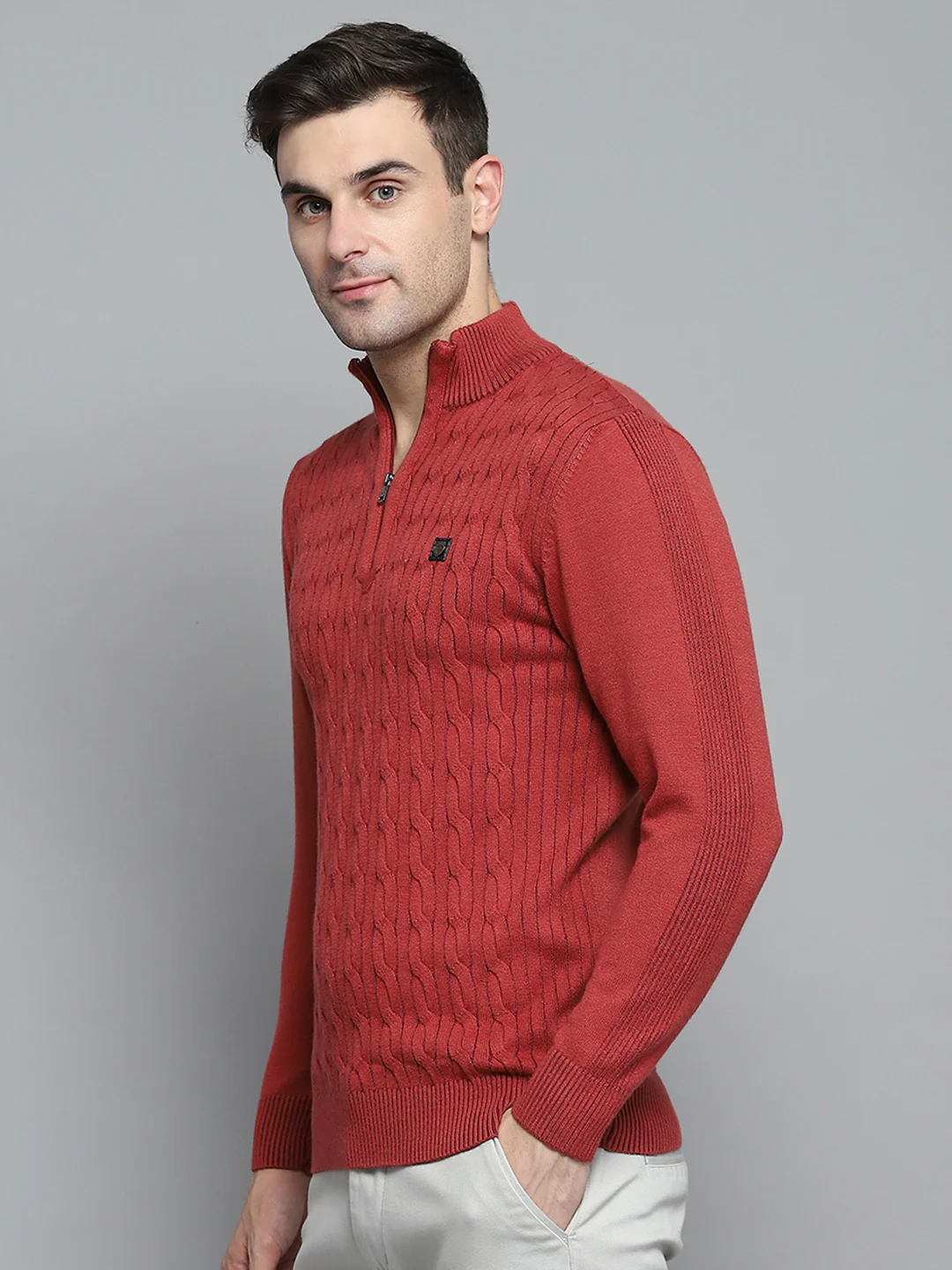 Men Rust Self Design Mock Neck Full Sleeve Pullover - Image 3
