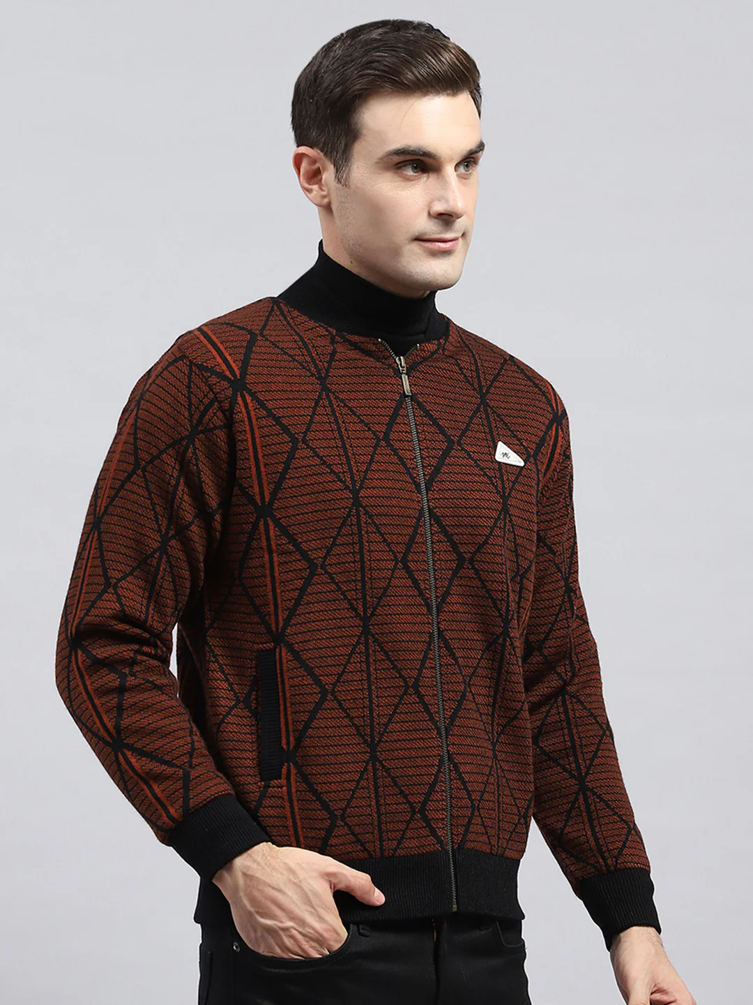Men Rust Self Design Round Neck Full Sleeve Jacket - Image 4