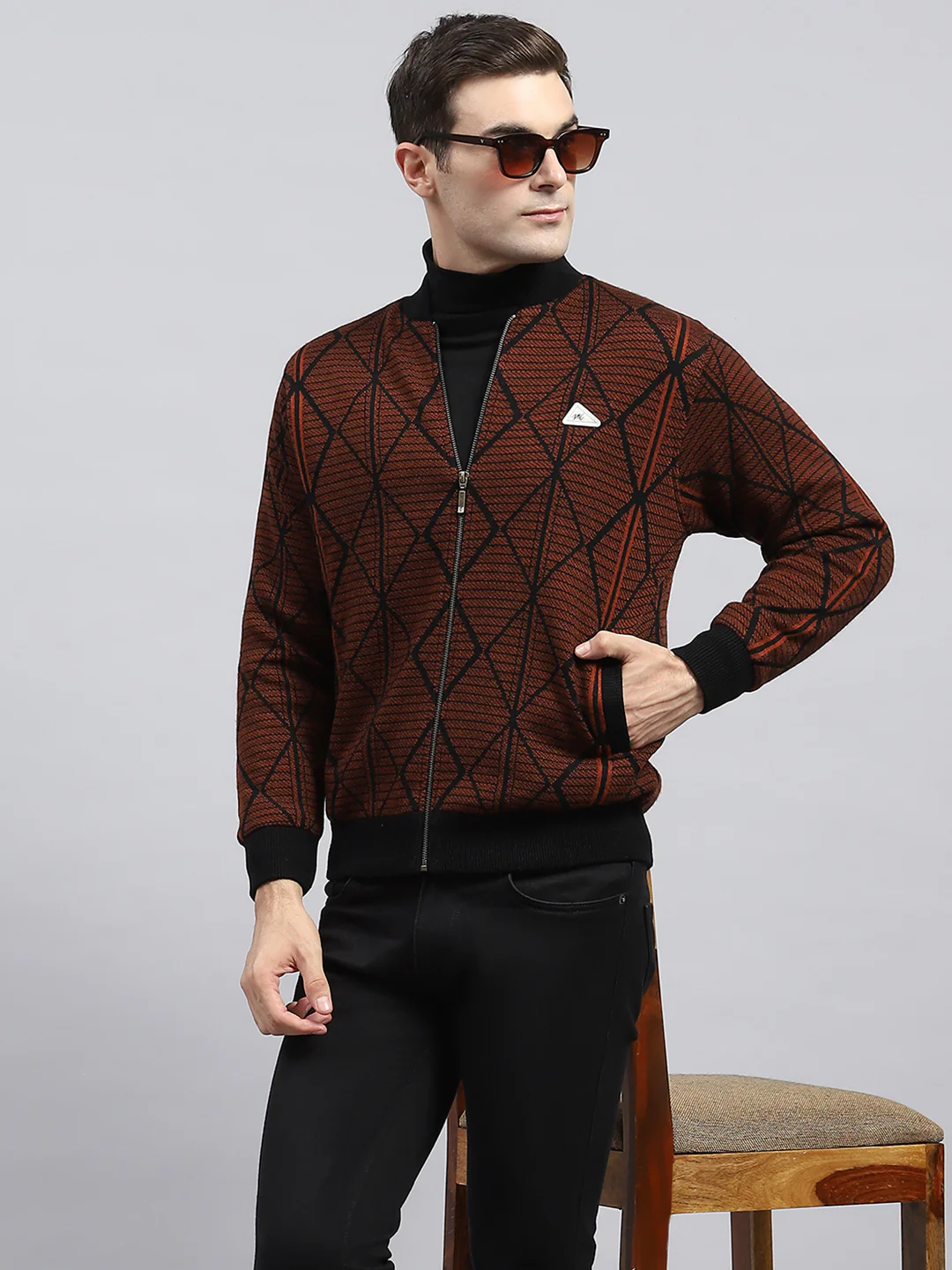 Men Rust Self Design Round Neck Full Sleeve Jacket - Image 6