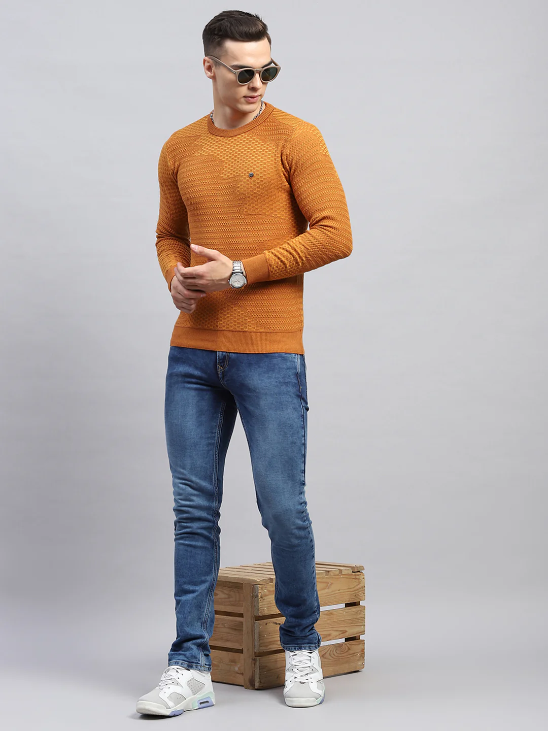 Men Rust Self Design Round Neck Full Sleeve Pullover - Image 2