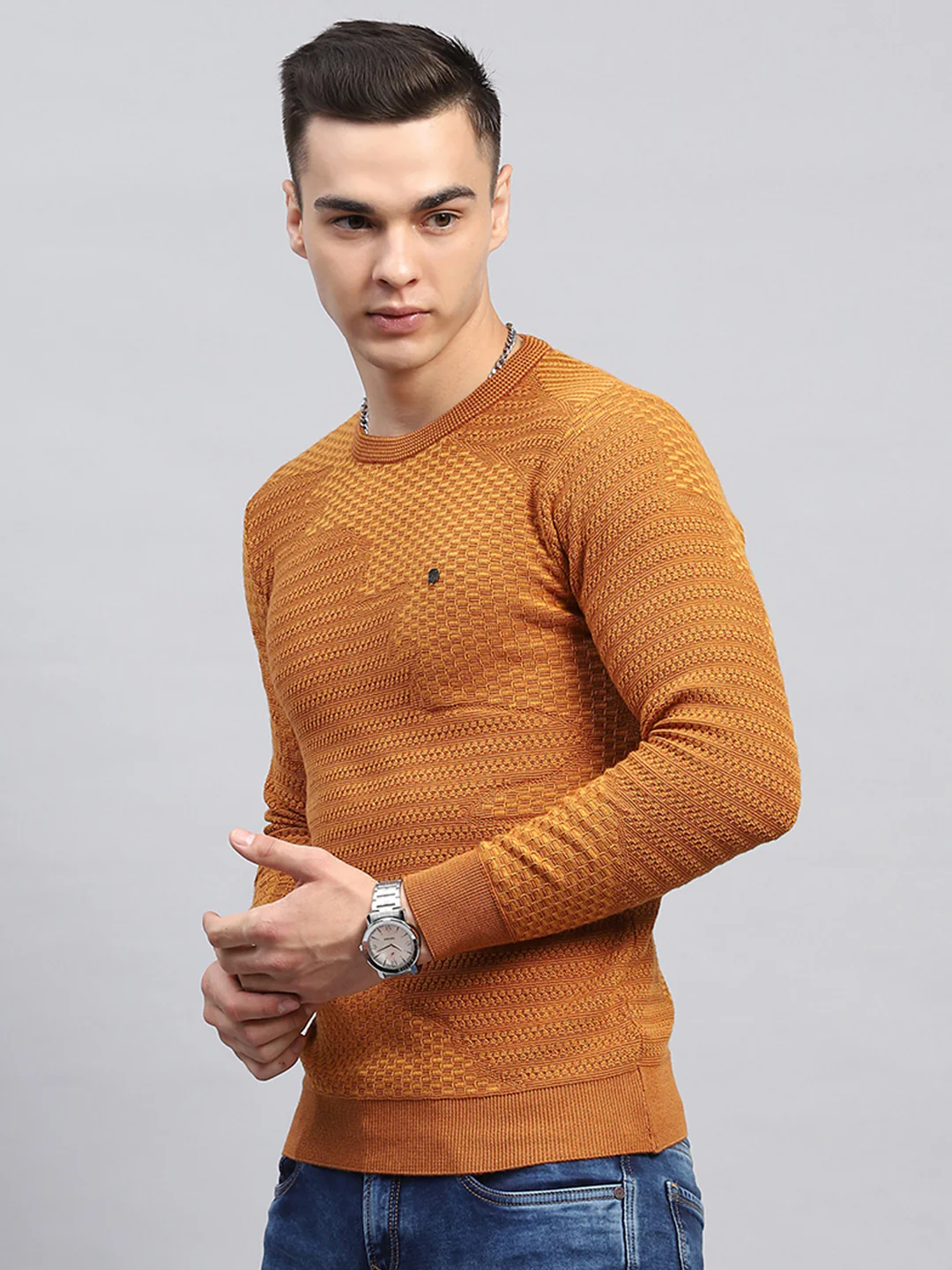Men Rust Self Design Round Neck Full Sleeve Pullover - Image 3