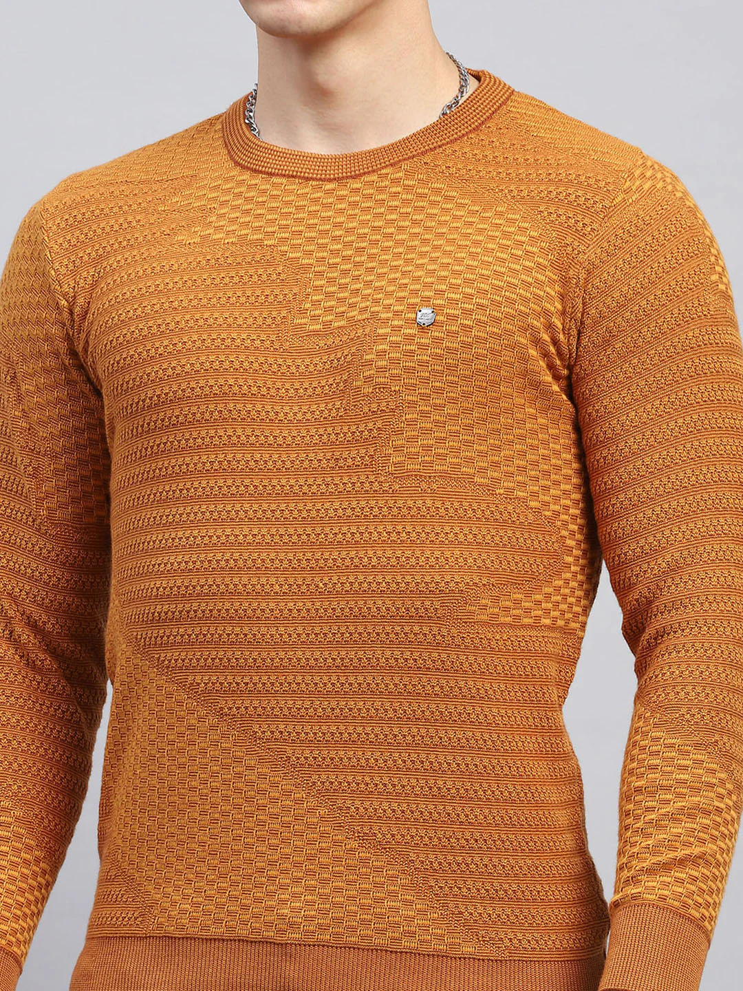 Men Rust Self Design Round Neck Full Sleeve Pullover - Image 6