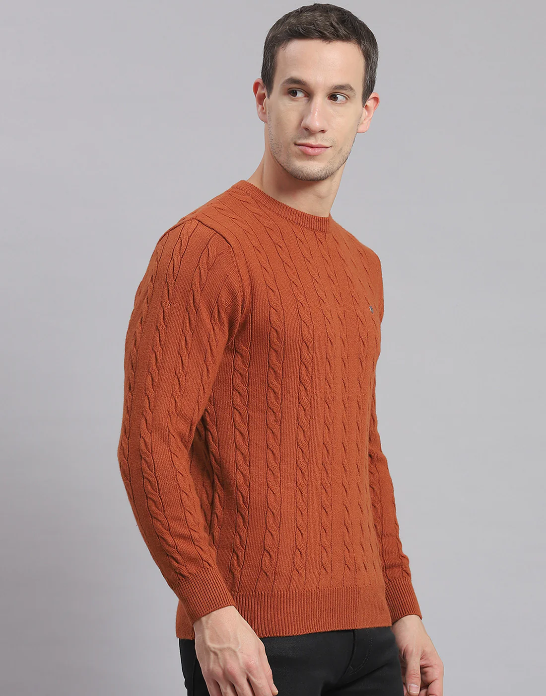 Men Rust Self Design Round Neck Full Sleeve Sweater - Image 4