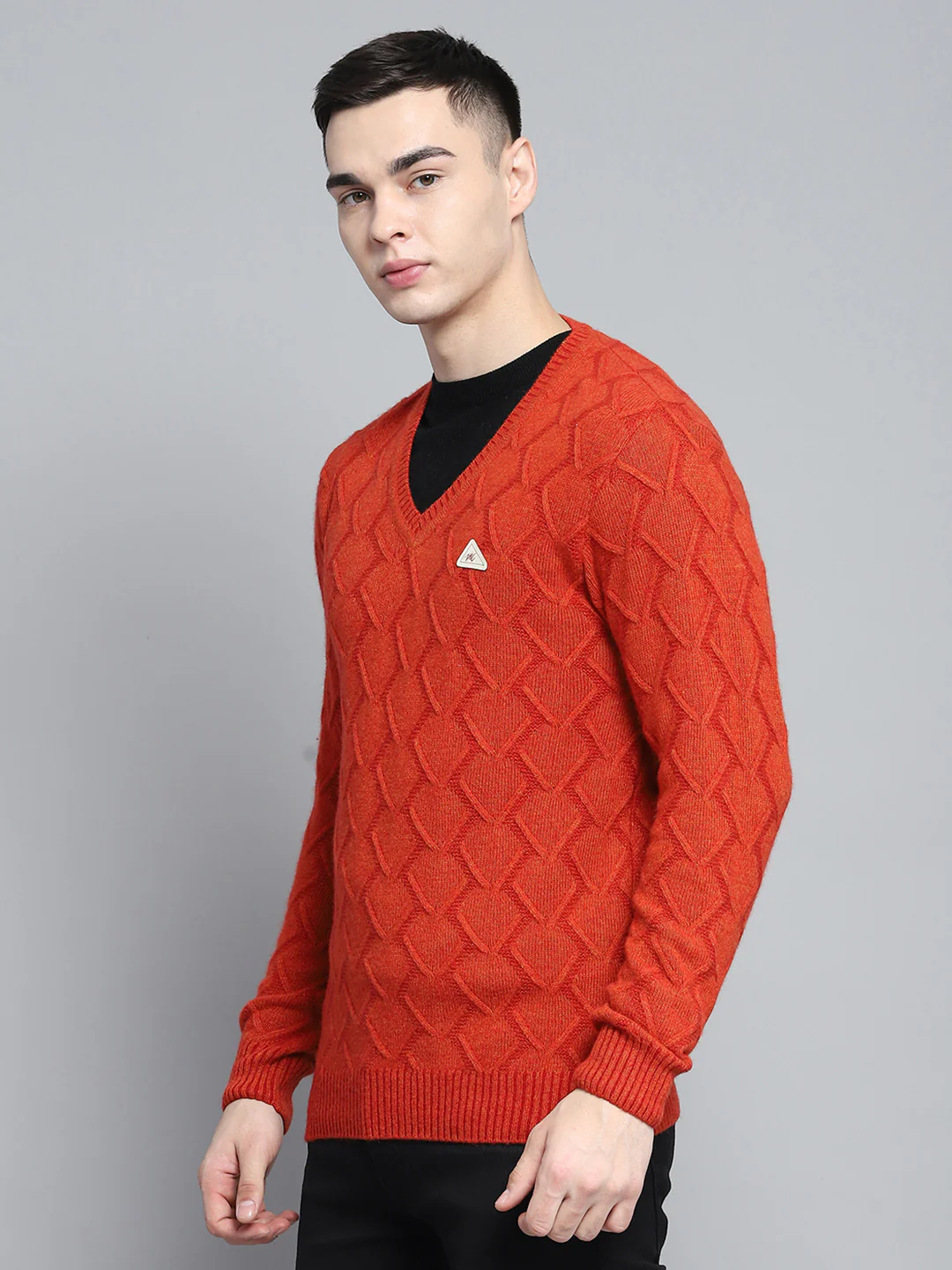 Men Rust Self Design V Neck Full Sleeve Pullover - Image 3