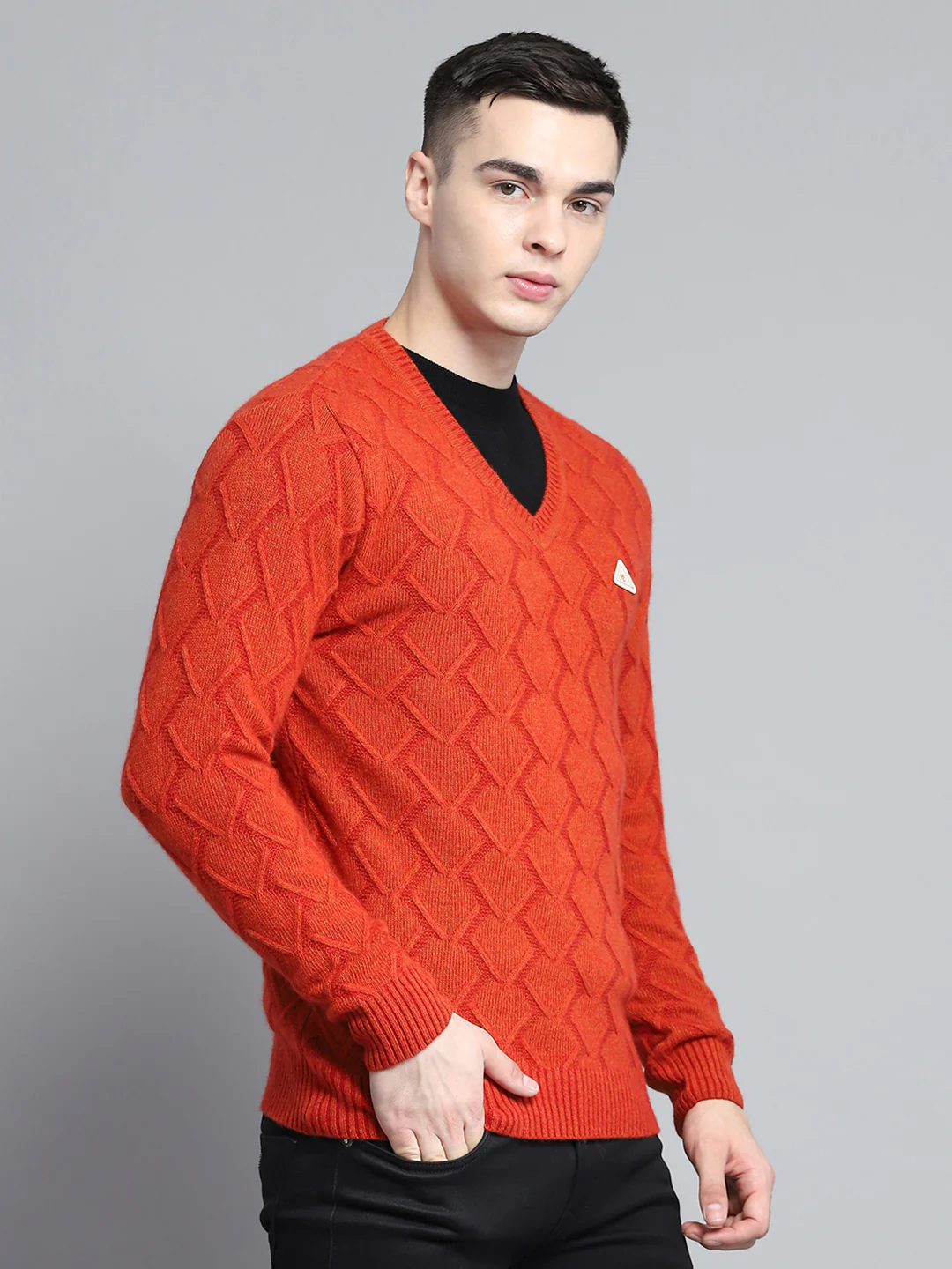 Men Rust Self Design V Neck Full Sleeve Pullover - Image 4