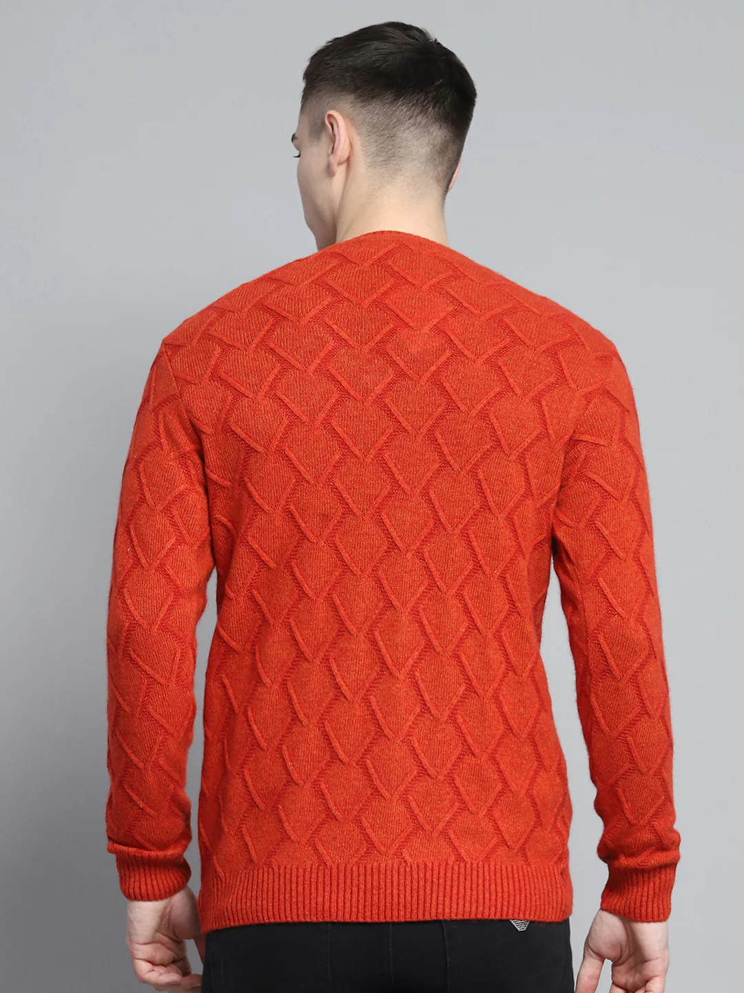 Men Rust Self Design V Neck Full Sleeve Pullover - Image 5