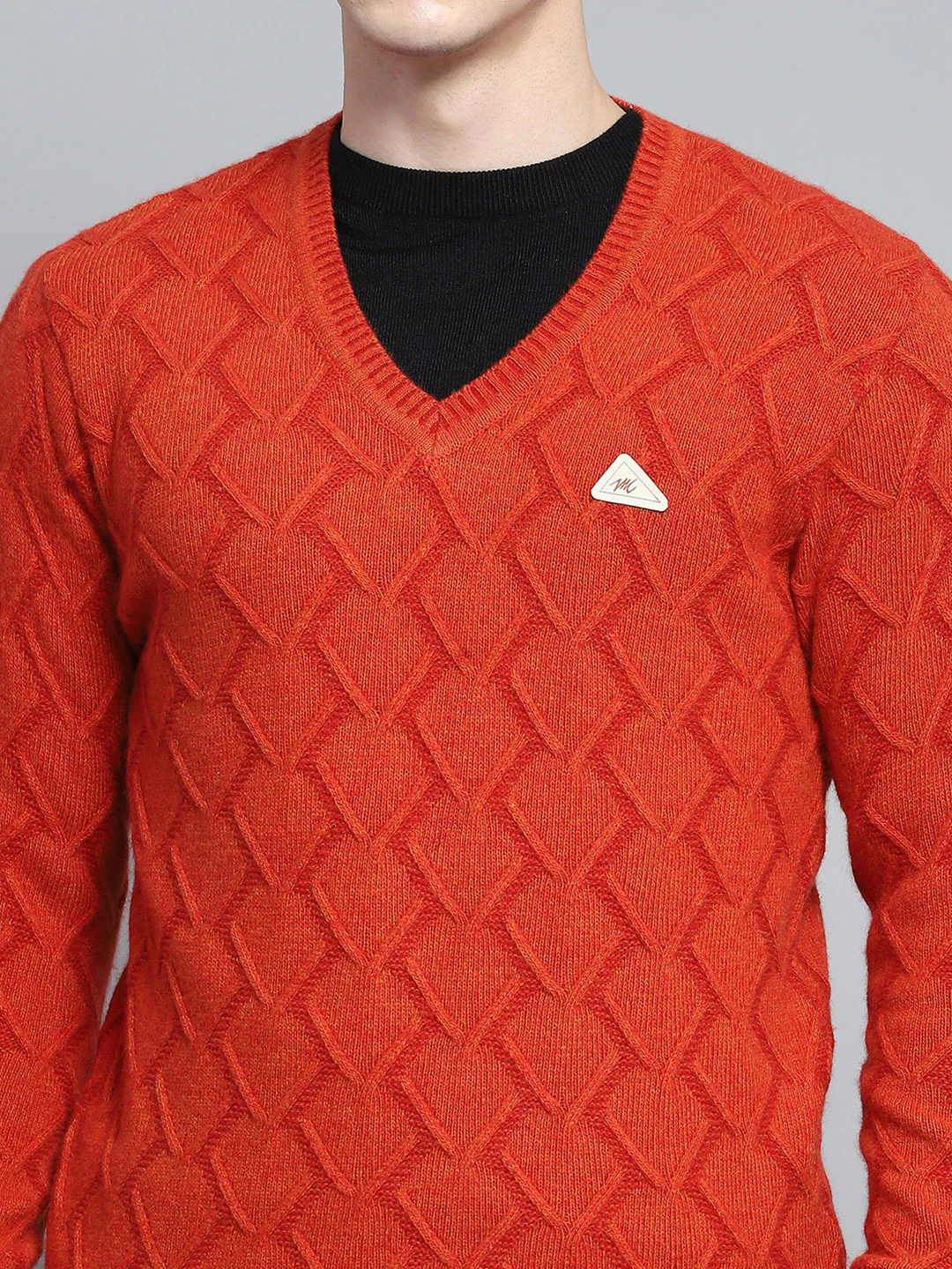 Men Rust Self Design V Neck Full Sleeve Pullover - Image 6
